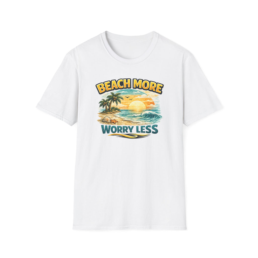 Beach More Worry Less T-Shirt — Vintage Sunset Palm Beach Graphic Tee