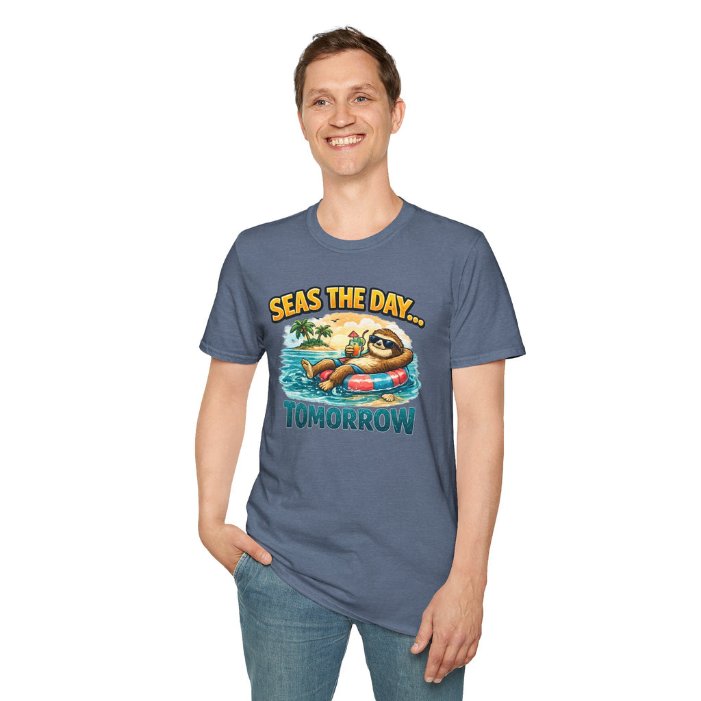 Seas the Day Sloth T-Shirt — Funny Tropical "Seas the Day... Tomorrow" Tee