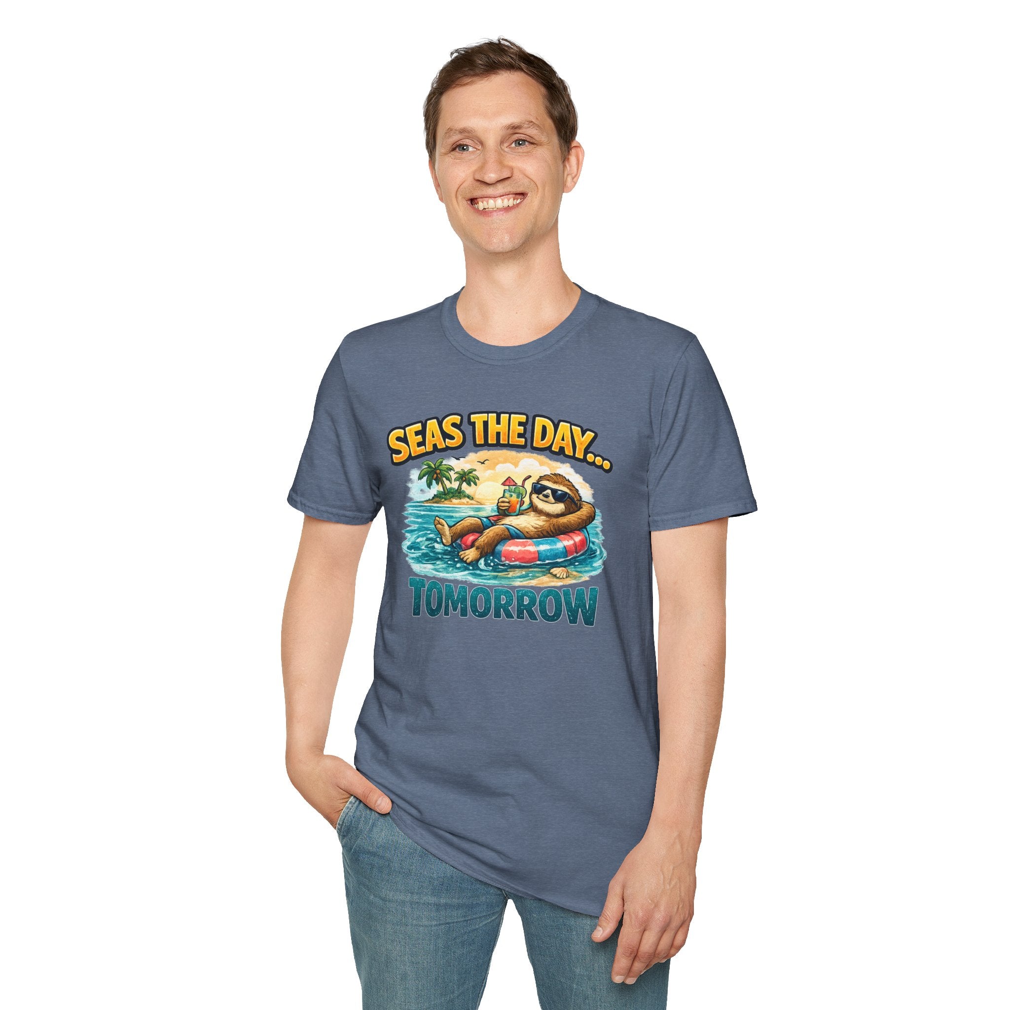 Seas the Day Sloth T-Shirt — Funny Tropical "Seas the Day... Tomorrow" Tee