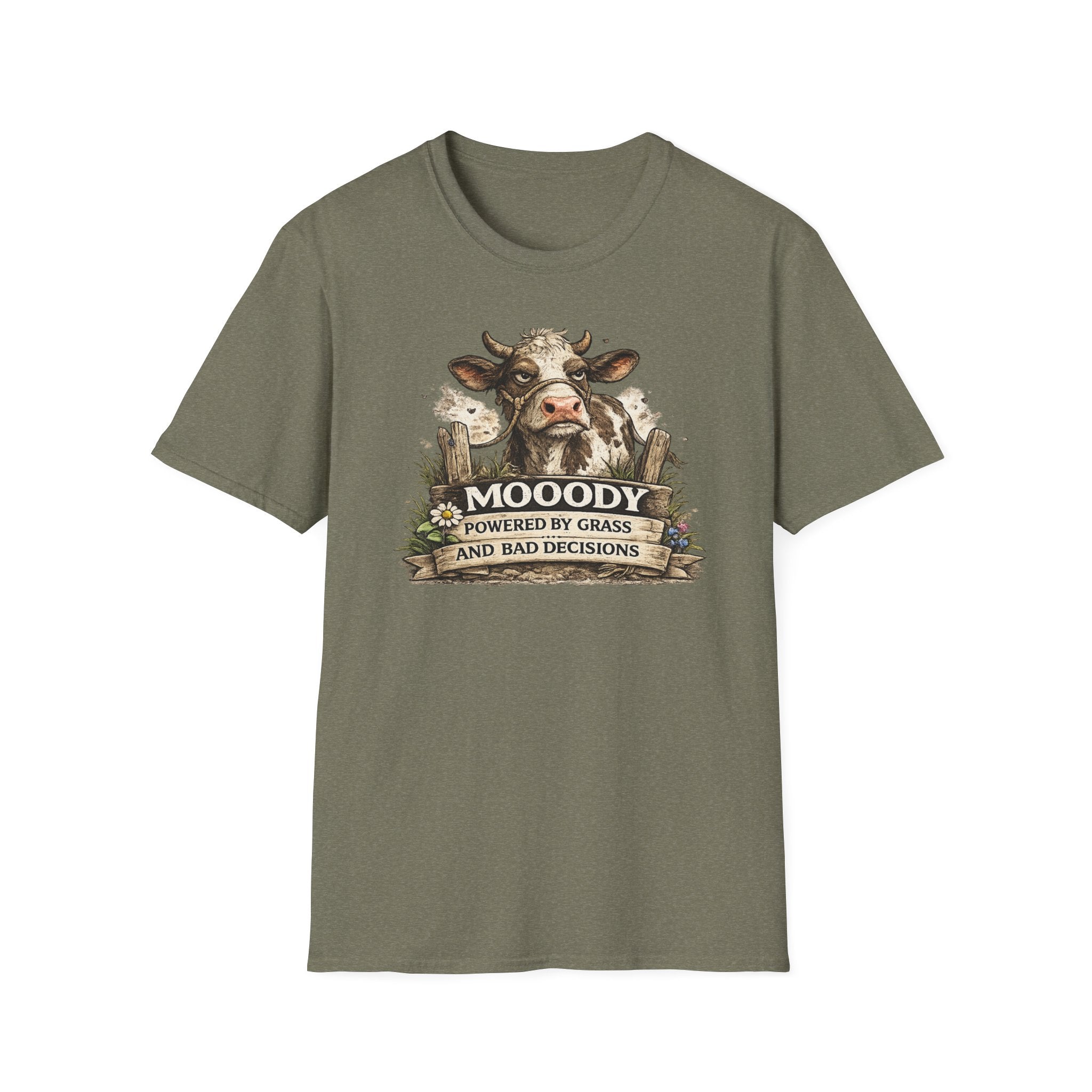 Moody Cow T-Shirt — "Moody: Powered by Grass and Bad Decisions" Graphic Tee