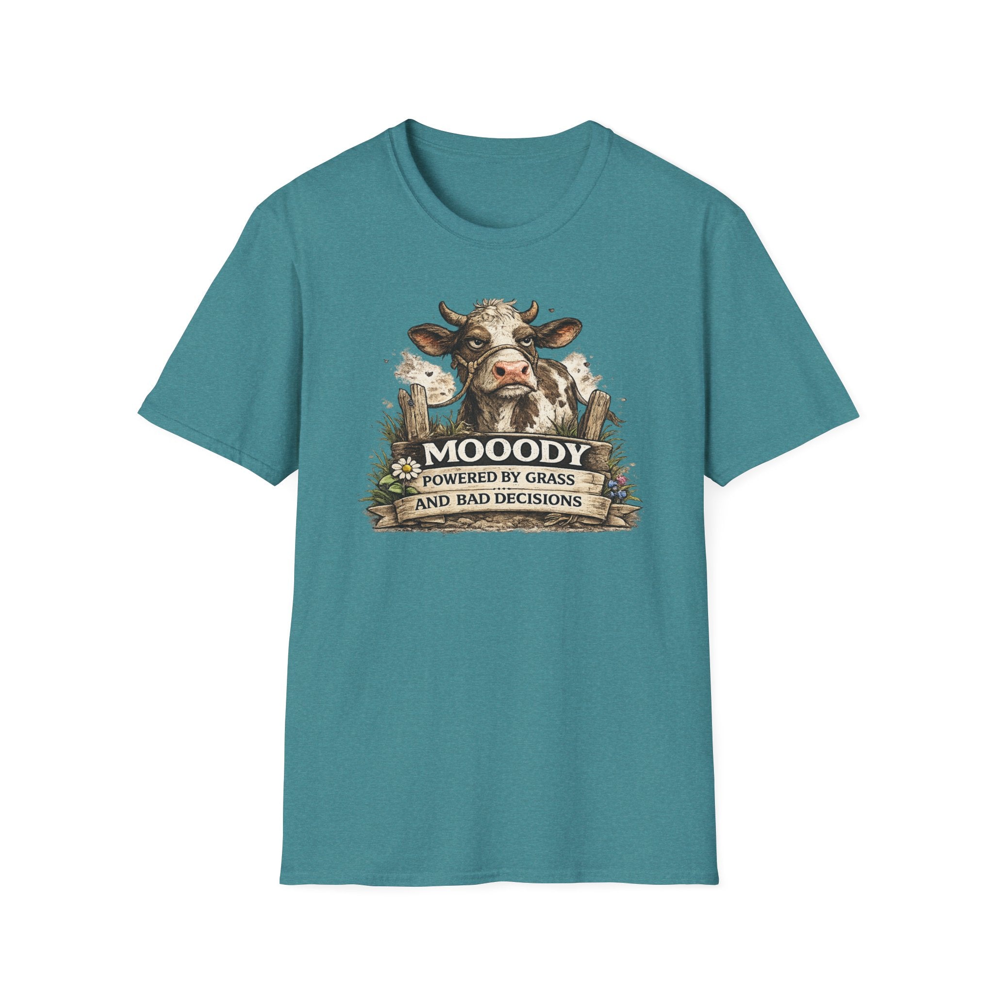 Moody Cow T-Shirt — "Moody: Powered by Grass and Bad Decisions" Graphic Tee