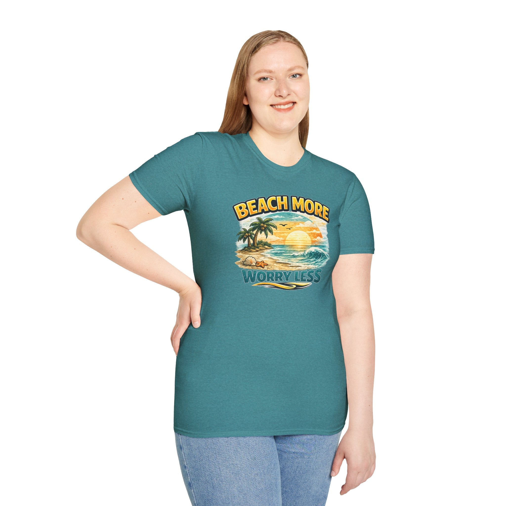 Beach More Worry Less T-Shirt — Vintage Sunset Palm Beach Graphic Tee