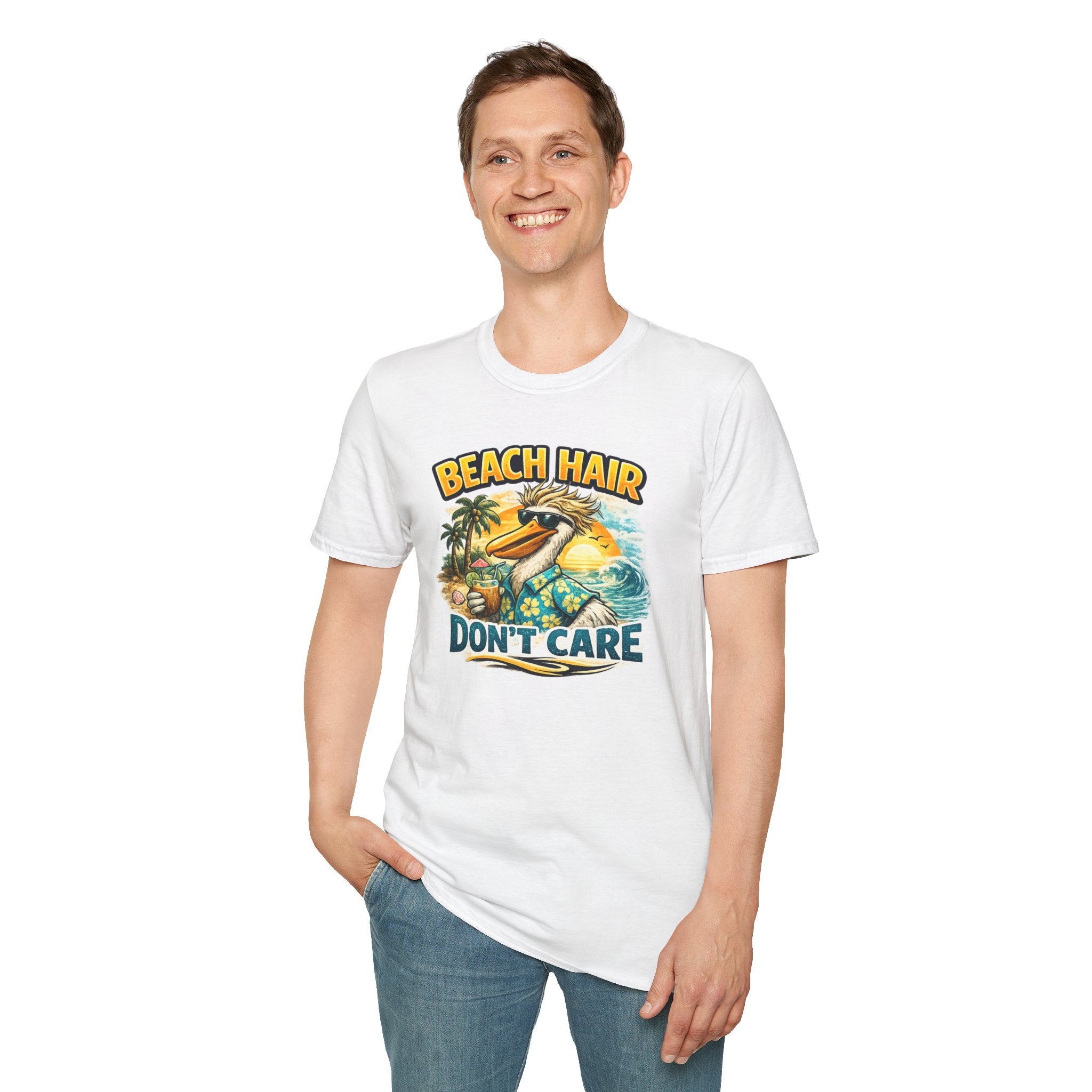 Beach Hair Don't Care T-Shirt — Tropical Pelican Vacation Tee