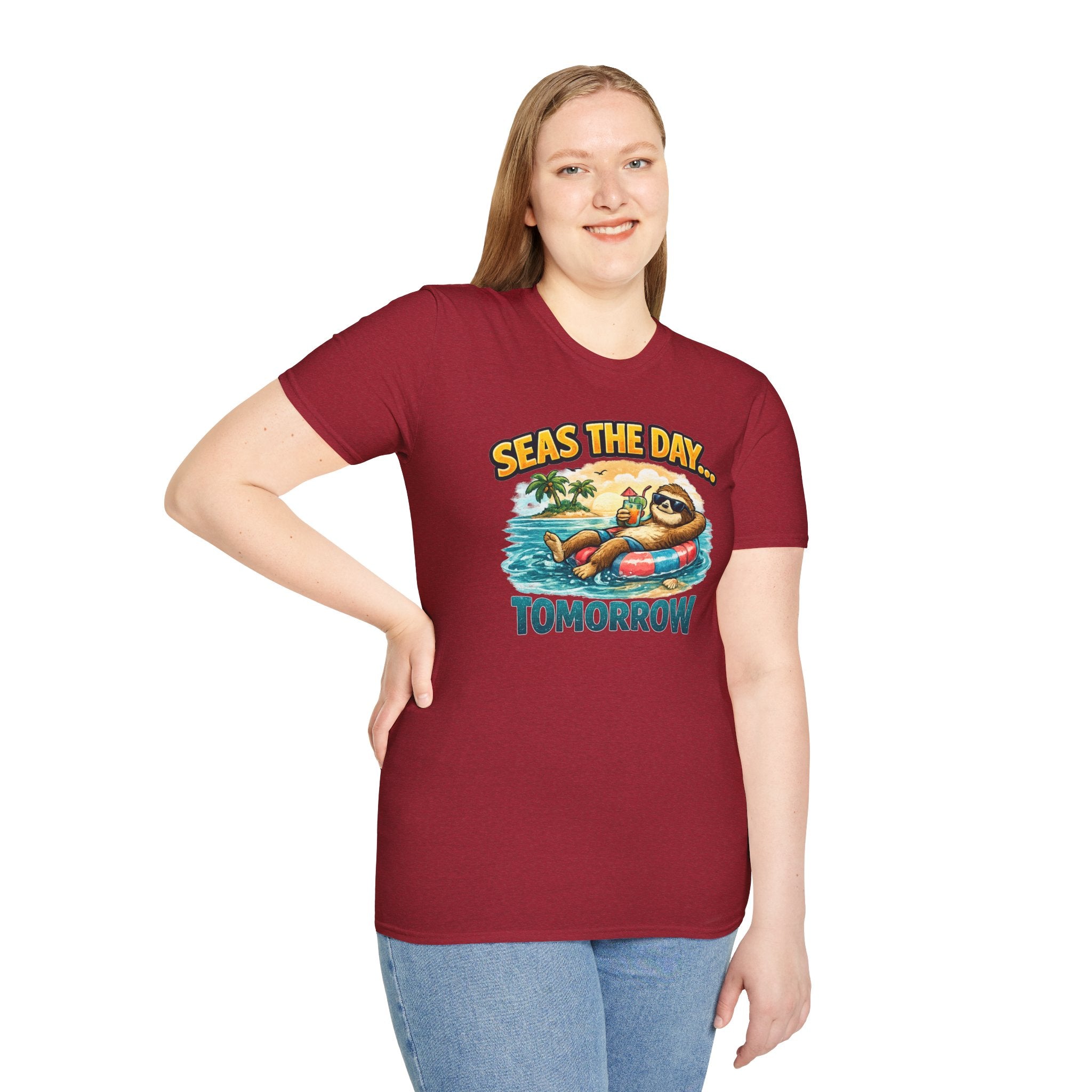 Seas the Day Sloth T-Shirt — Funny Tropical "Seas the Day... Tomorrow" Tee