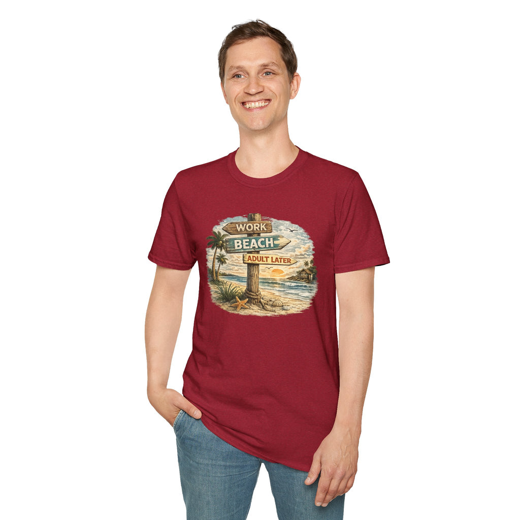 Beach Signpost T-Shirt — "Work Beach, Adult Later" Vintage Sunset Tee
