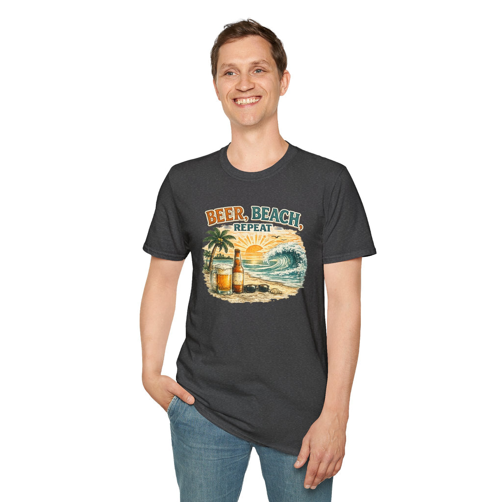 Beach T-Shirt — "Beer, Beach, Repeat" Retro Sunset Surf Tee