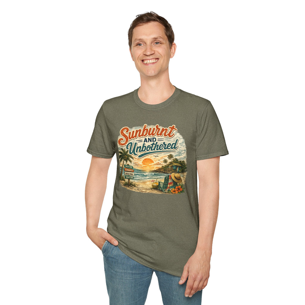 Sunburnt and Unbothered T-Shirt — Retro Beach Vacation Tee