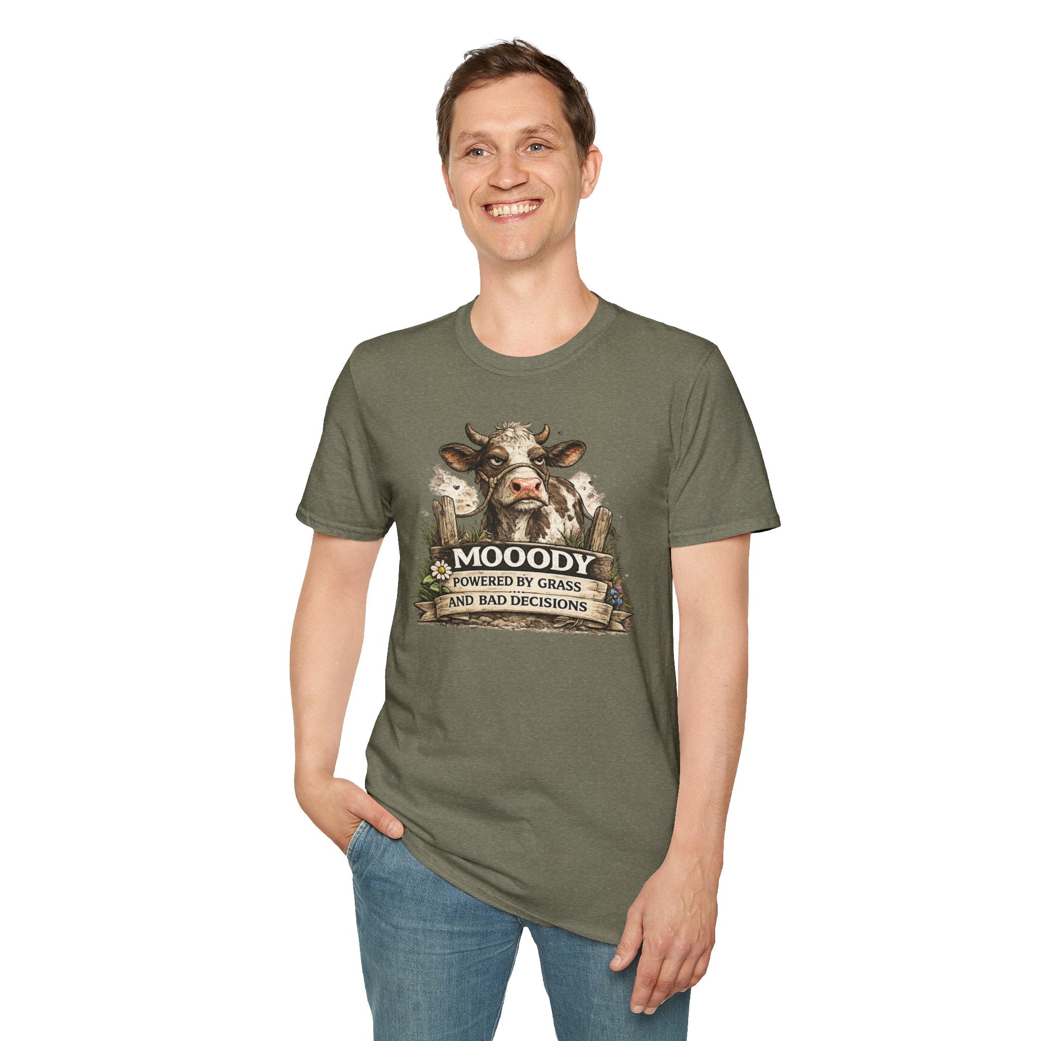 Moody Cow T-Shirt — "Moody: Powered by Grass and Bad Decisions" Graphic Tee