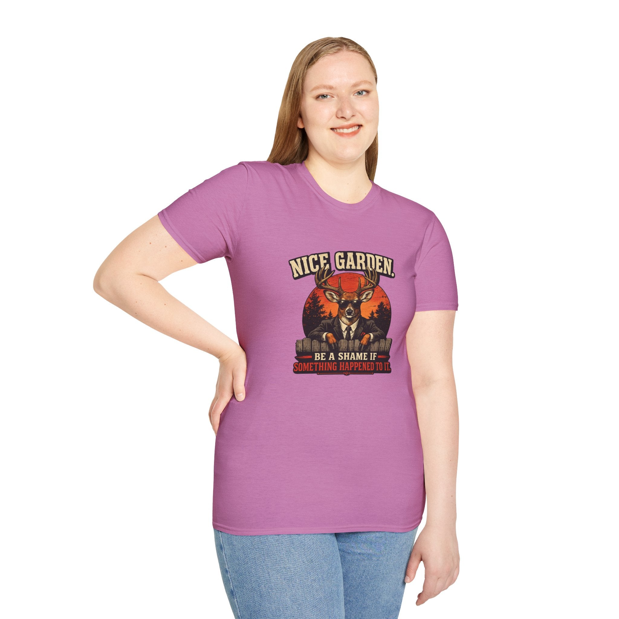 Nice Garden Deer T-Shirt — Vintage Stag Graphic Tee ("Nice Garden" Text)