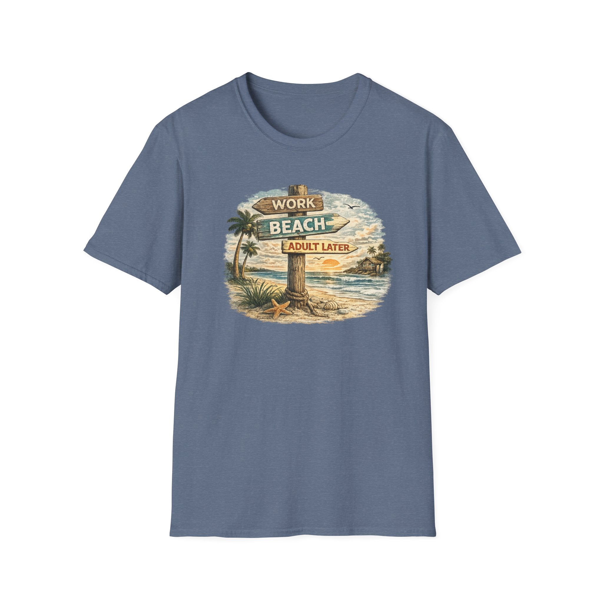 Beach Signpost T-Shirt — "Work Beach, Adult Later" Vintage Sunset Tee