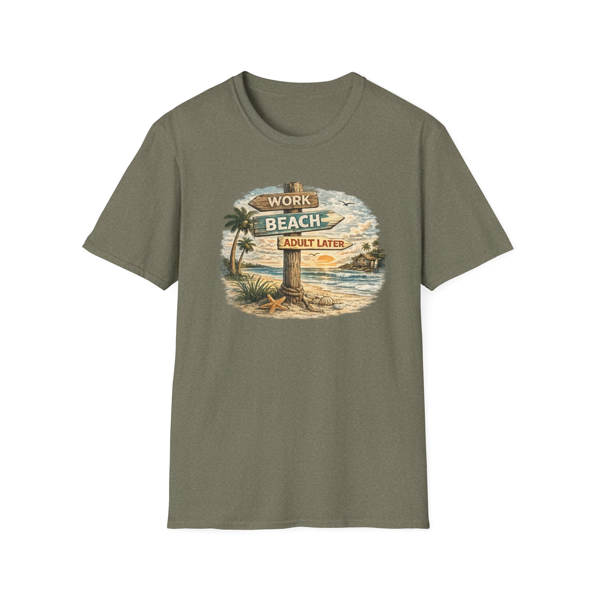 Beach Signpost T-Shirt — "Work Beach, Adult Later" Vintage Sunset Tee