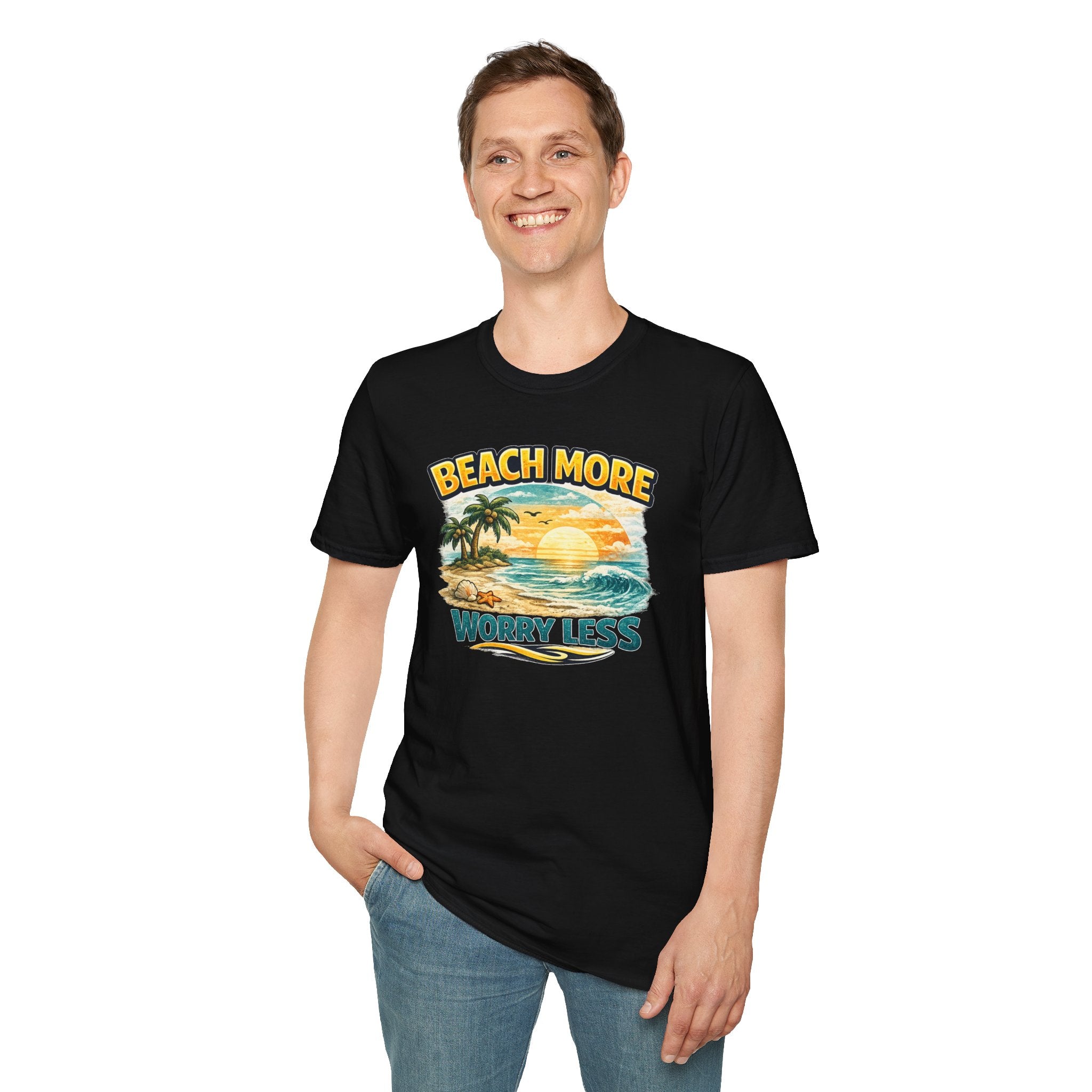Beach More Worry Less T-Shirt — Vintage Sunset Palm Beach Graphic Tee
