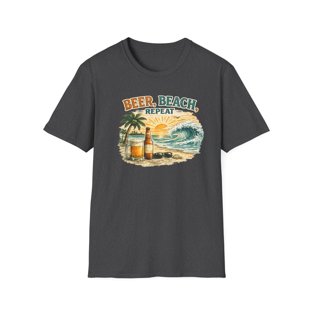 Beach T-Shirt — "Beer, Beach, Repeat" Retro Sunset Surf Tee