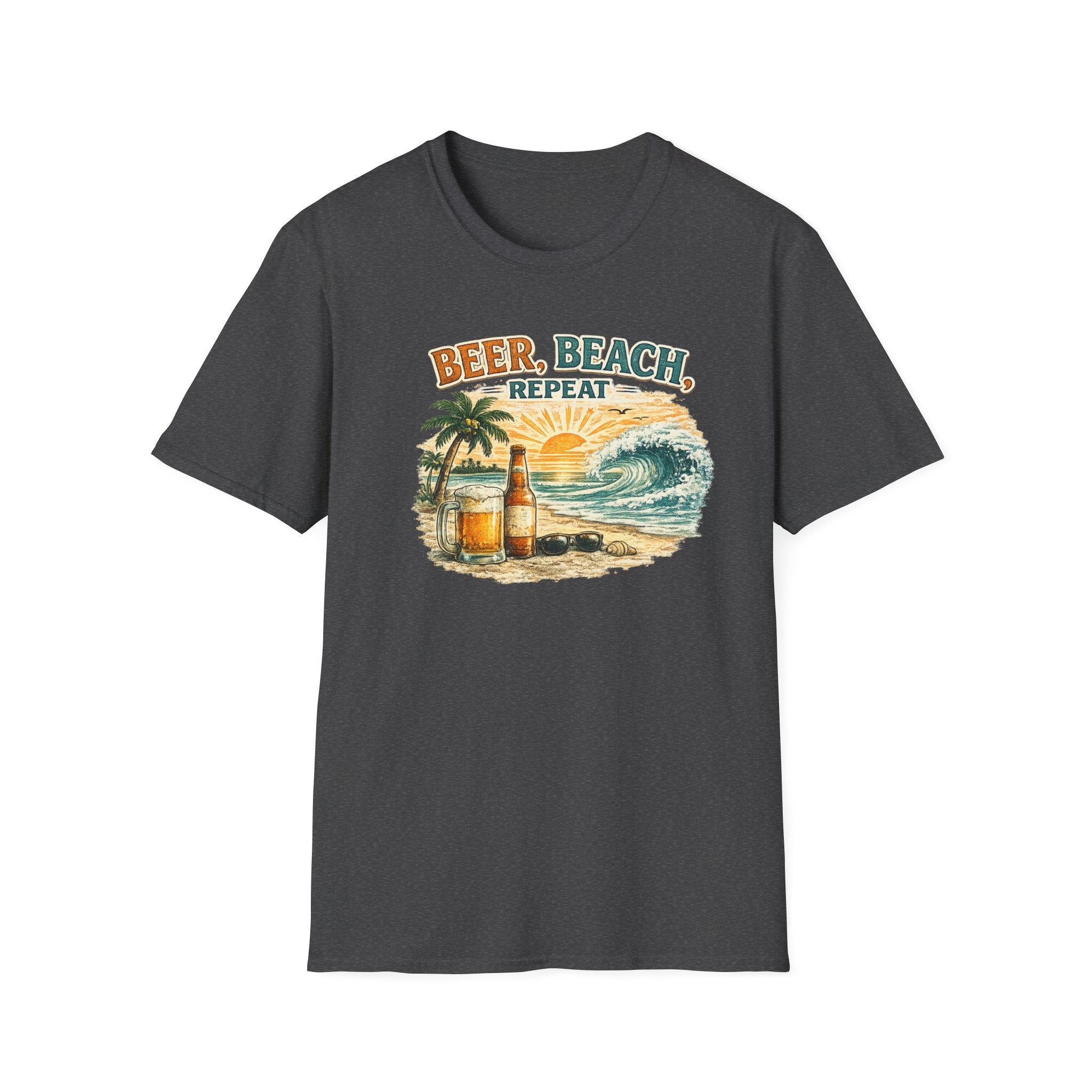Beach T-Shirt — "Beer, Beach, Repeat" Retro Sunset Surf Tee