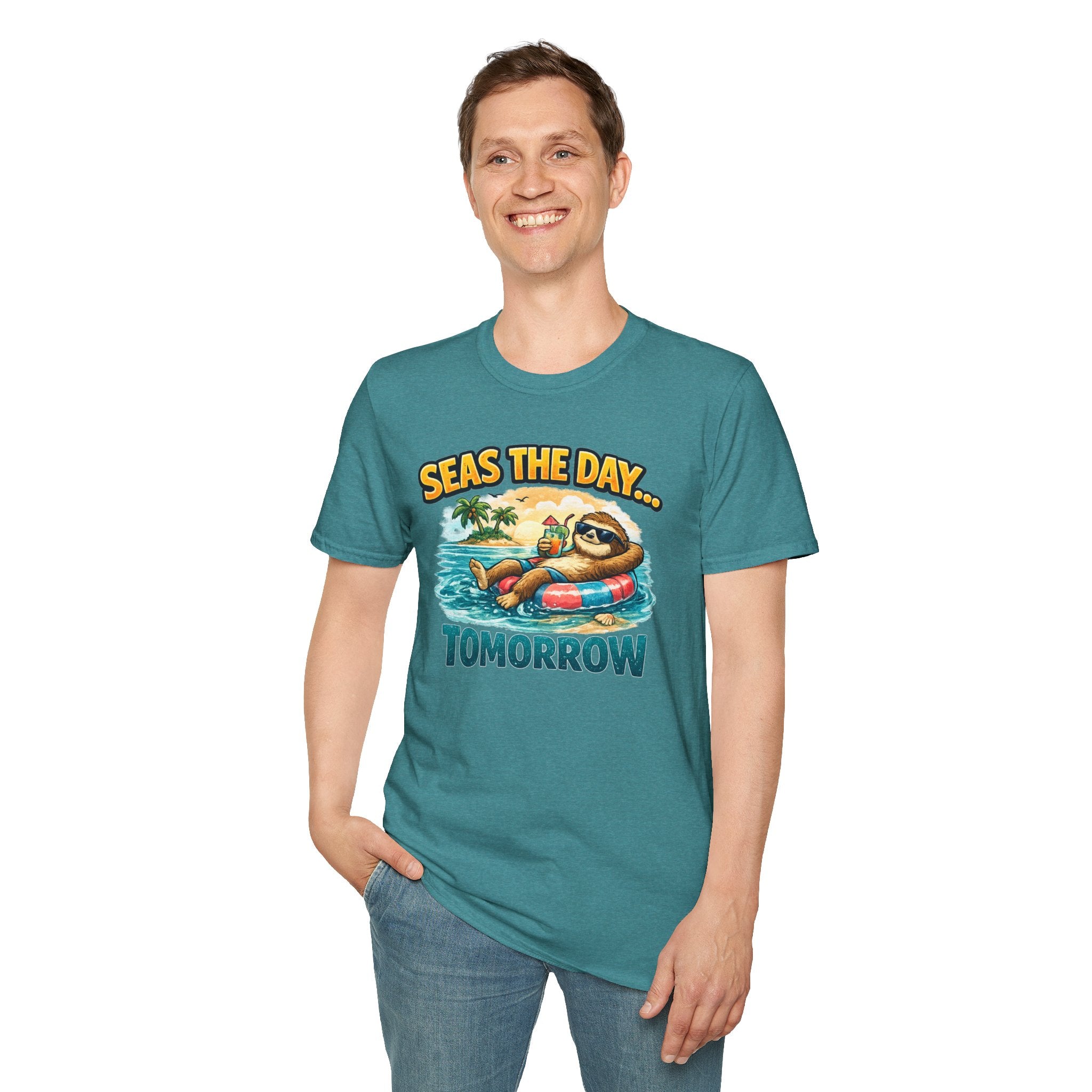 Seas the Day Sloth T-Shirt — Funny Tropical "Seas the Day... Tomorrow" Tee