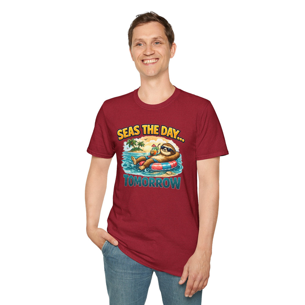 Seas the Day Sloth T-Shirt — Funny Tropical "Seas the Day... Tomorrow" Tee