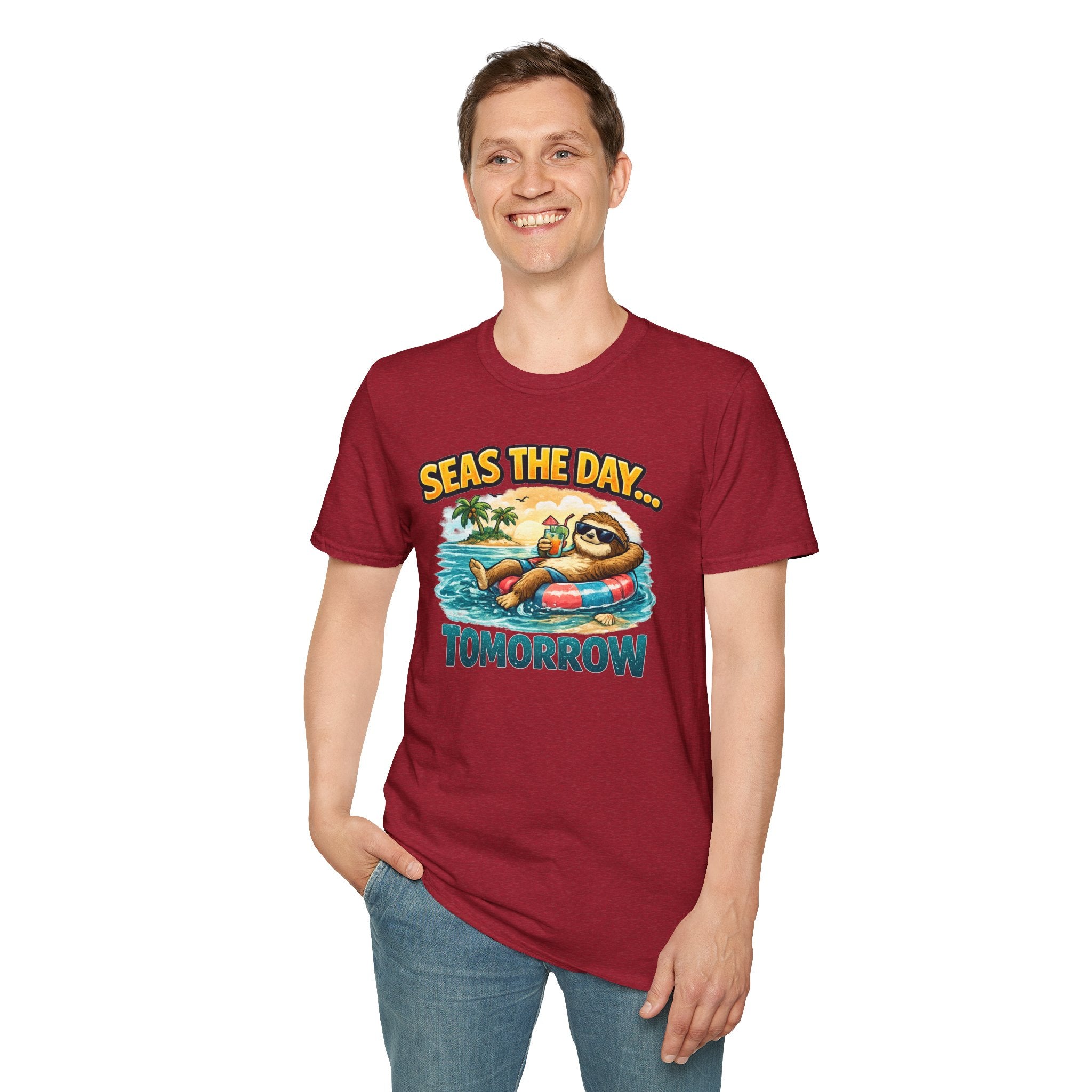 Seas the Day Sloth T-Shirt — Funny Tropical "Seas the Day... Tomorrow" Tee