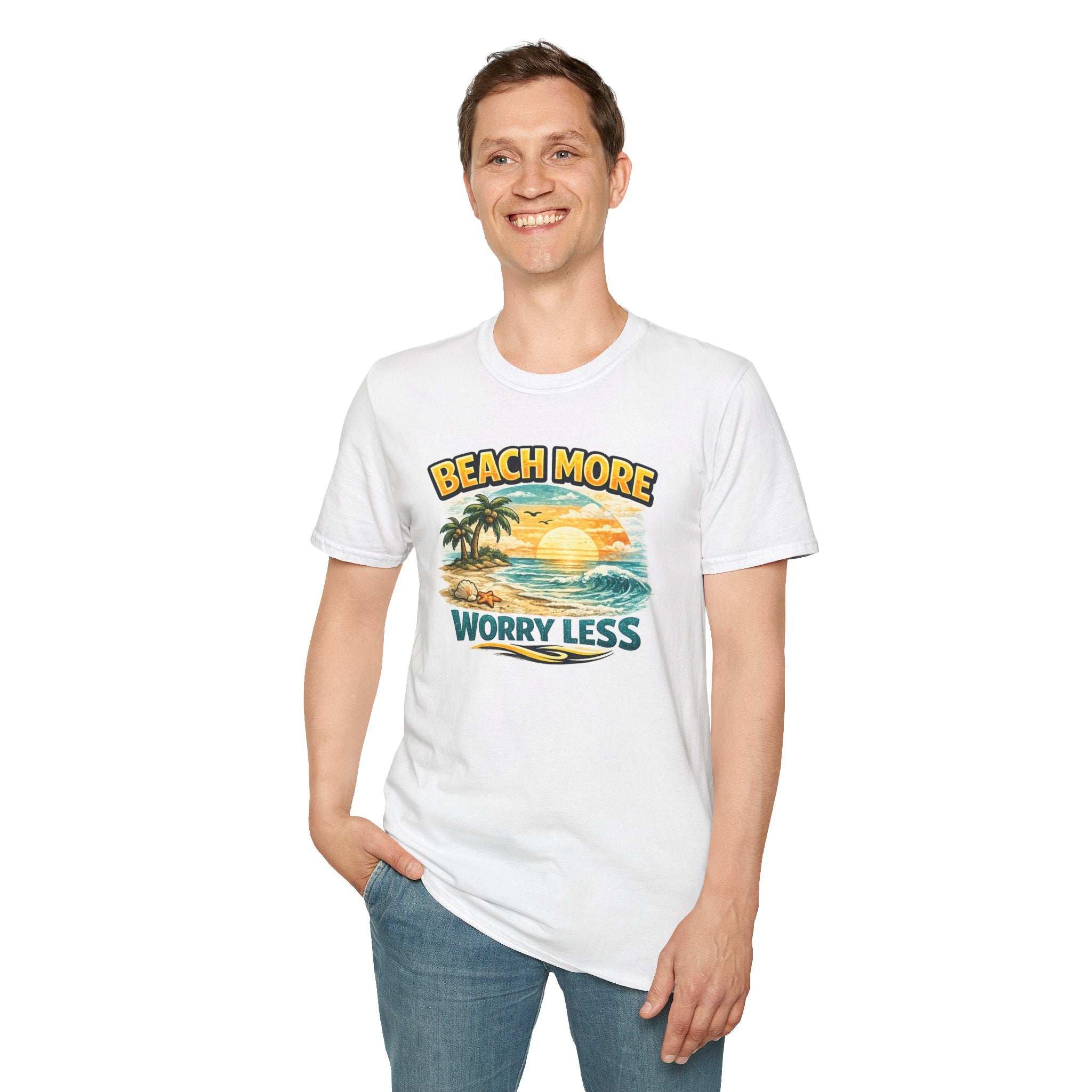 Beach More Worry Less T-Shirt — Vintage Sunset Palm Beach Graphic Tee
