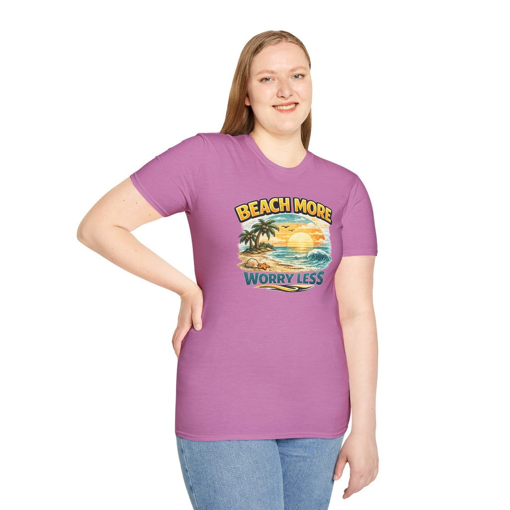 Beach More Worry Less T-Shirt — Vintage Sunset Palm Beach Graphic Tee