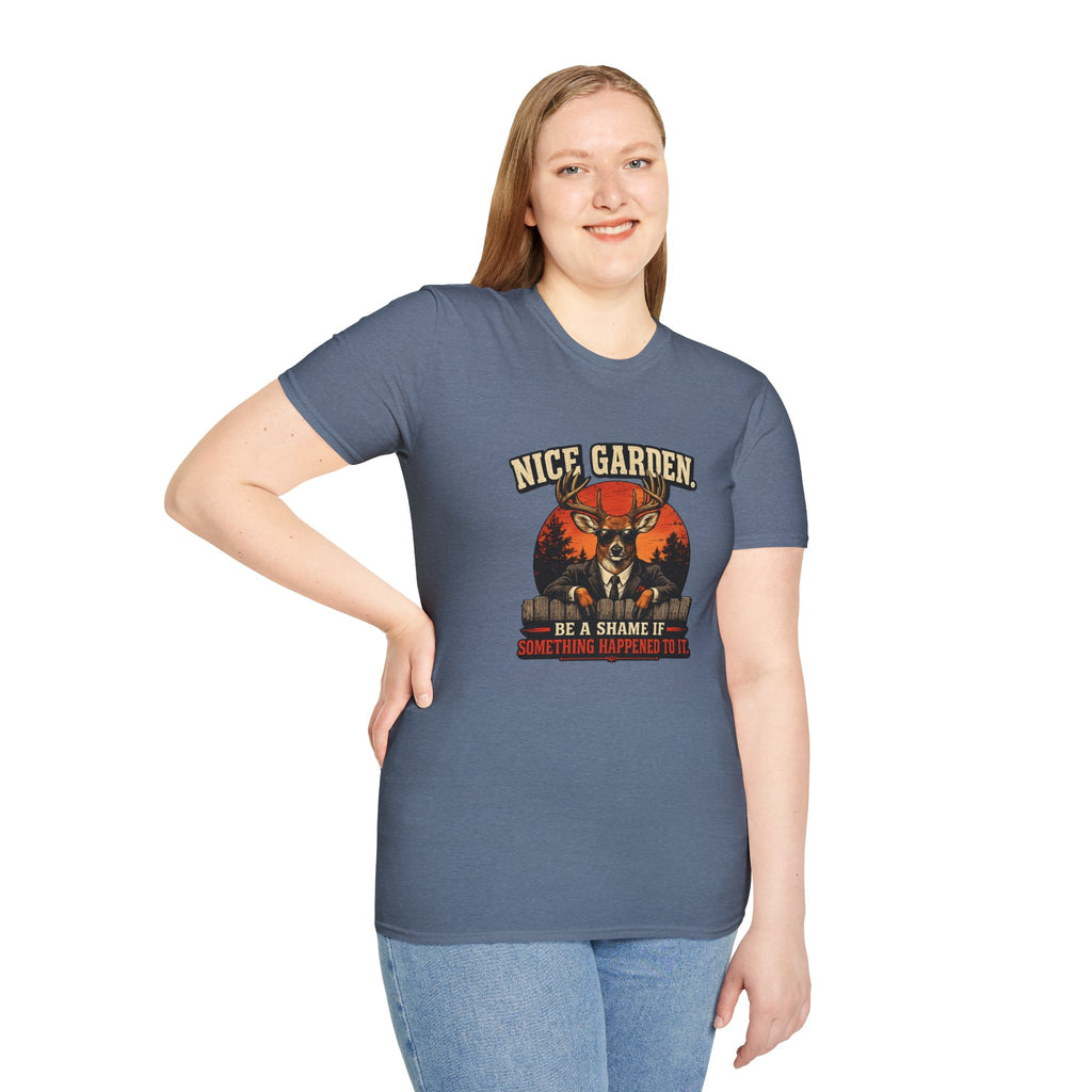 Nice Garden Deer T-Shirt — Vintage Stag Graphic Tee ("Nice Garden" Text)