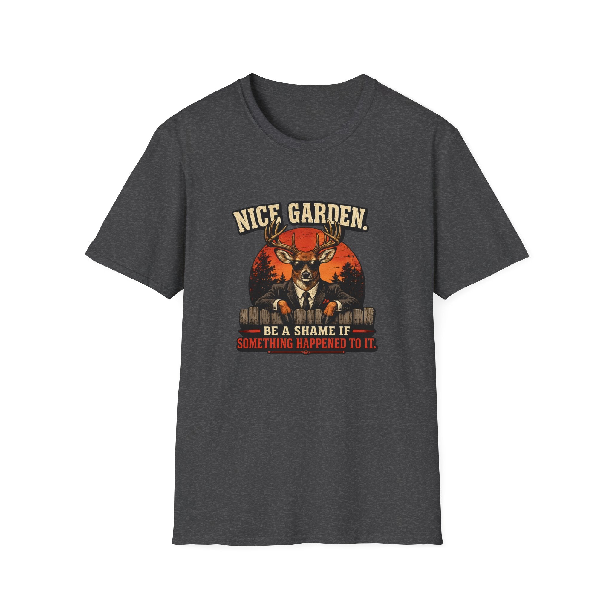 Nice Garden Deer T-Shirt — Vintage Stag Graphic Tee ("Nice Garden" Text)