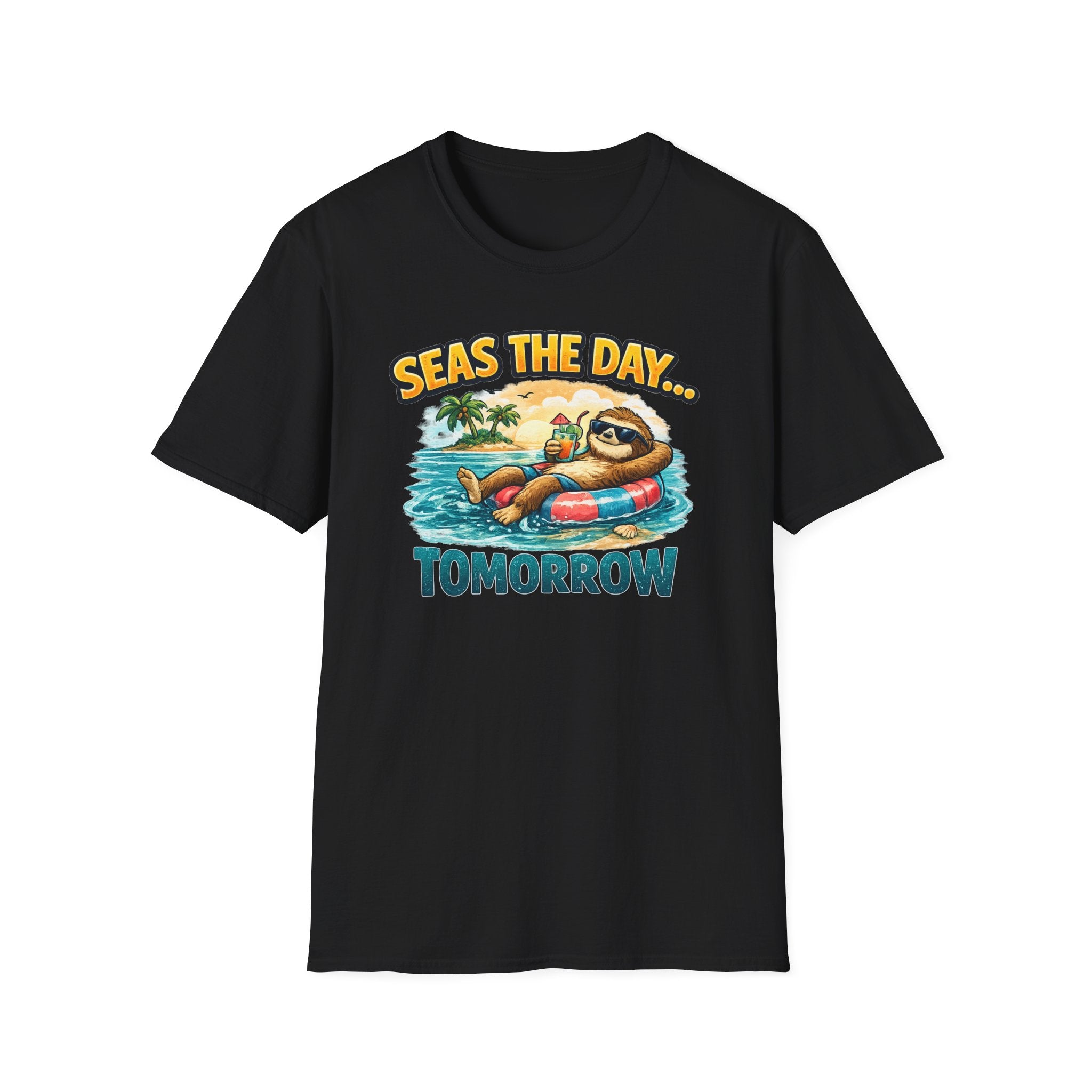 Seas the Day Sloth T-Shirt — Funny Tropical "Seas the Day... Tomorrow" Tee