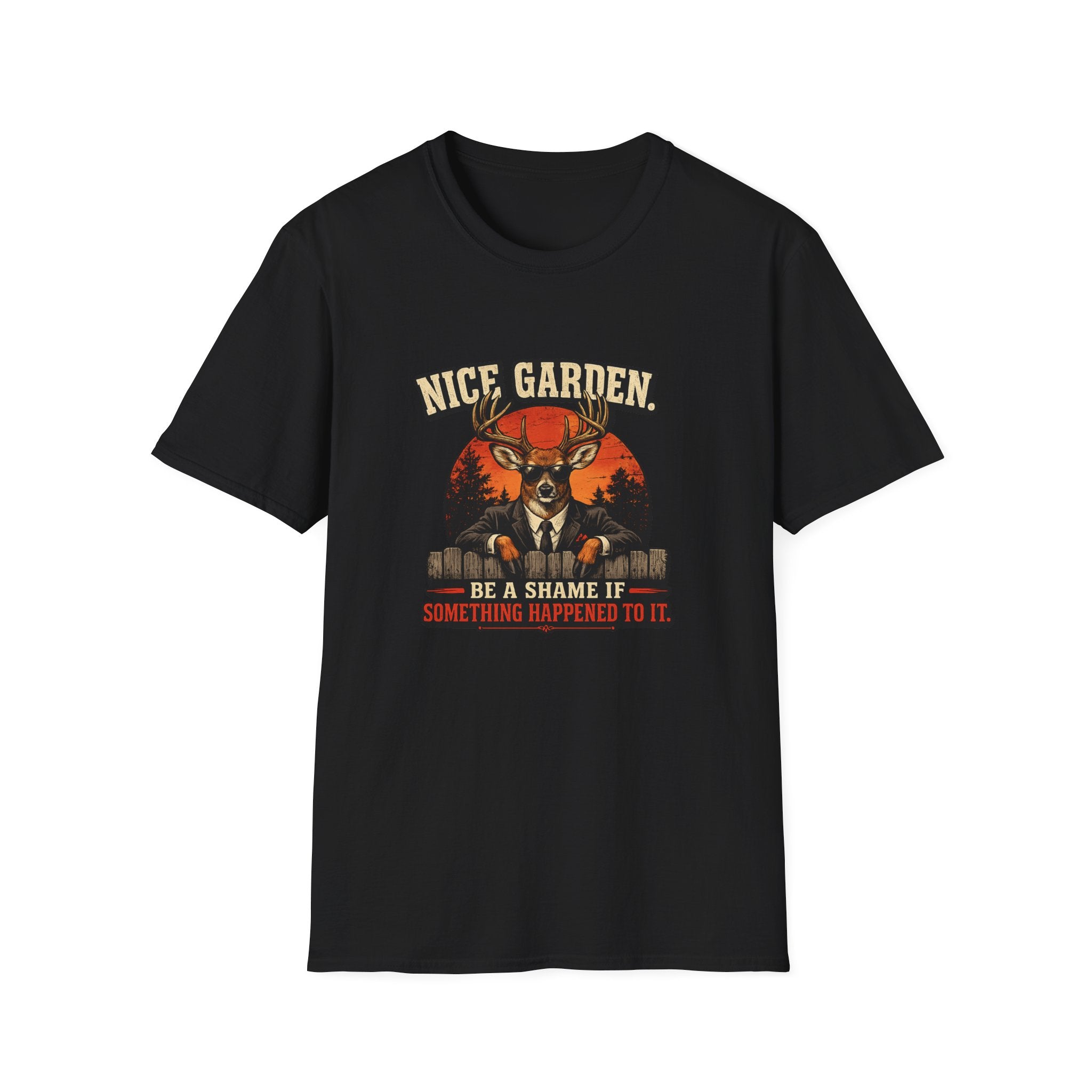 Nice Garden Deer T-Shirt — Vintage Stag Graphic Tee ("Nice Garden" Text)