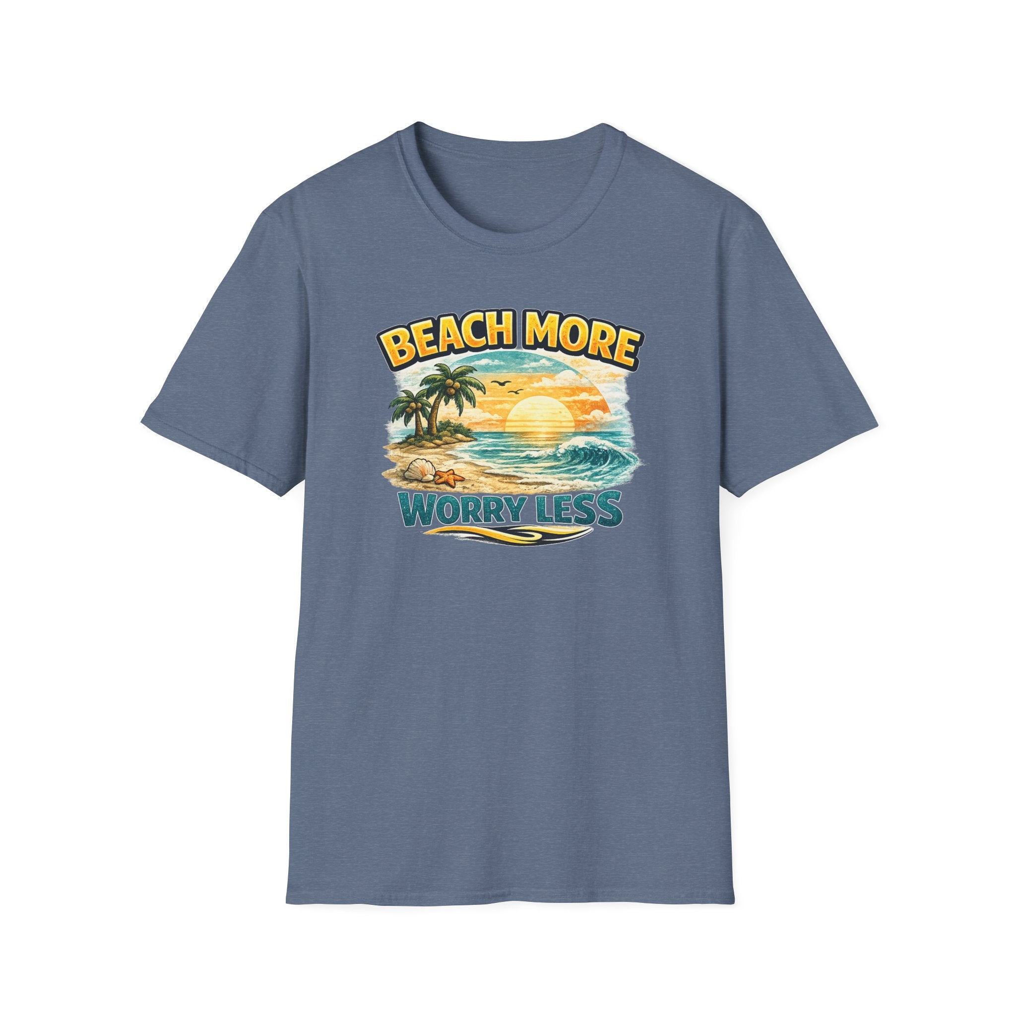 Beach More Worry Less T-Shirt — Vintage Sunset Palm Beach Graphic Tee
