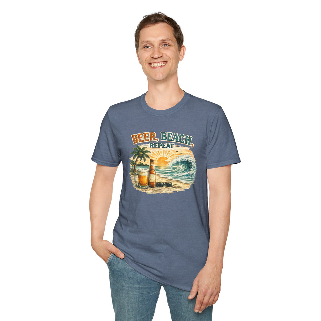 Beach T-Shirt — "Beer, Beach, Repeat" Retro Sunset Surf Tee