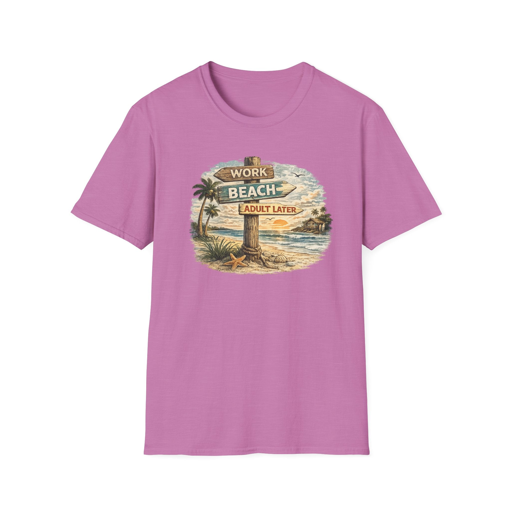 Beach Signpost T-Shirt — "Work Beach, Adult Later" Vintage Sunset Tee