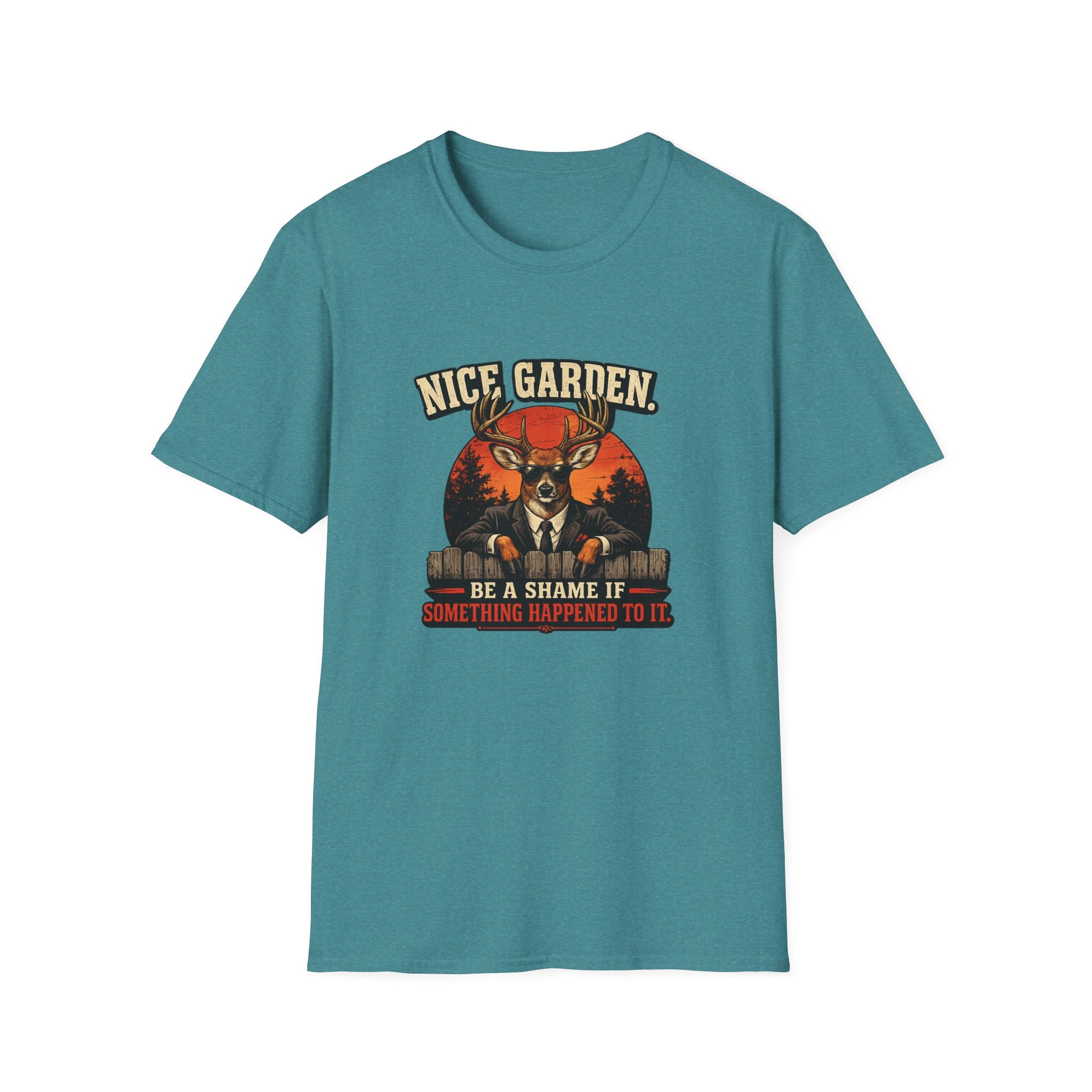 Nice Garden Deer T-Shirt — Vintage Stag Graphic Tee ("Nice Garden" Text)