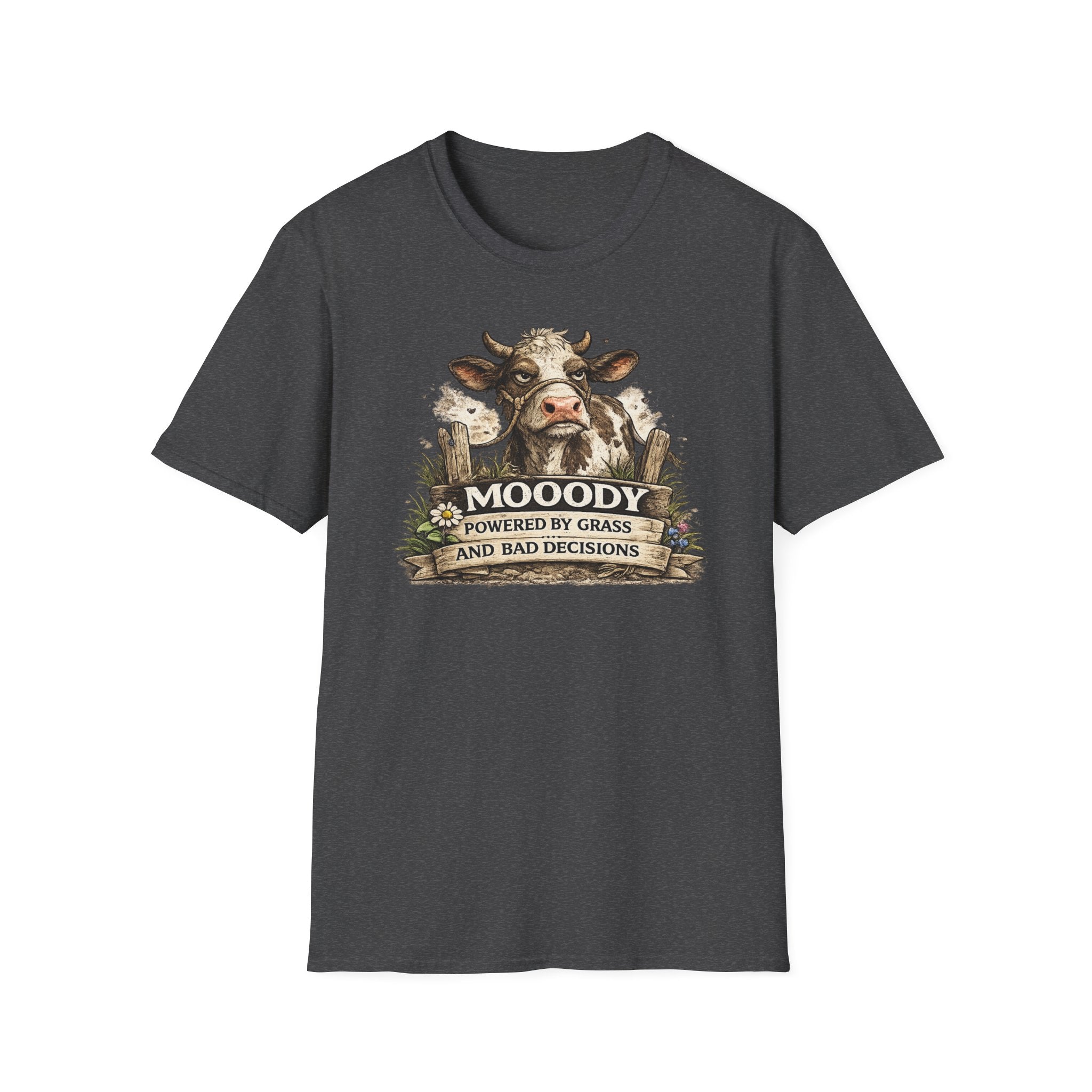 Moody Cow T-Shirt — "Moody: Powered by Grass and Bad Decisions" Graphic Tee