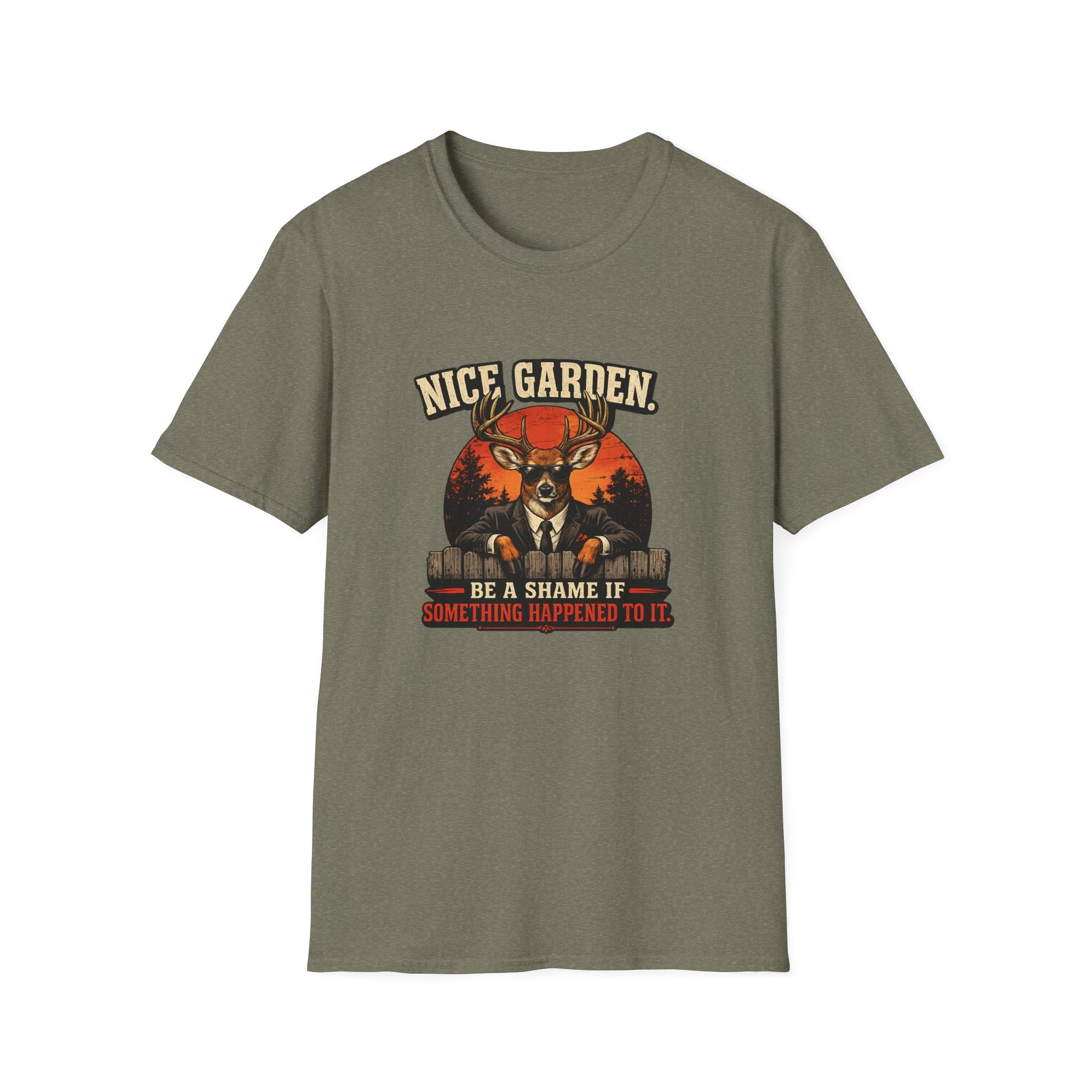 Nice Garden Deer T-Shirt — Vintage Stag Graphic Tee ("Nice Garden" Text)
