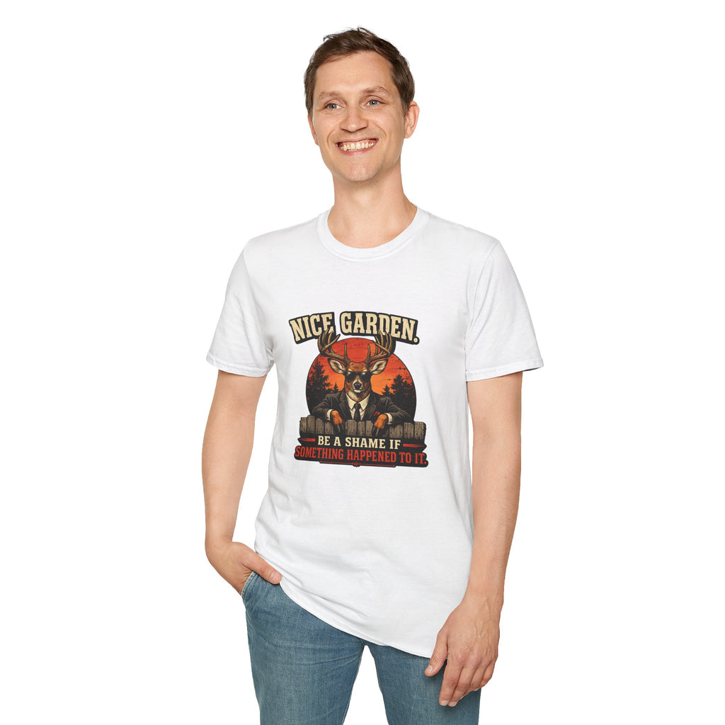 Nice Garden Deer T-Shirt — Vintage Stag Graphic Tee ("Nice Garden" Text)