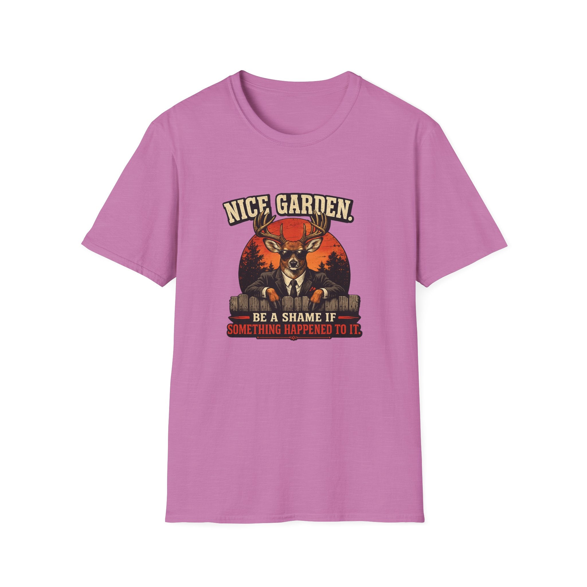 Nice Garden Deer T-Shirt — Vintage Stag Graphic Tee ("Nice Garden" Text)