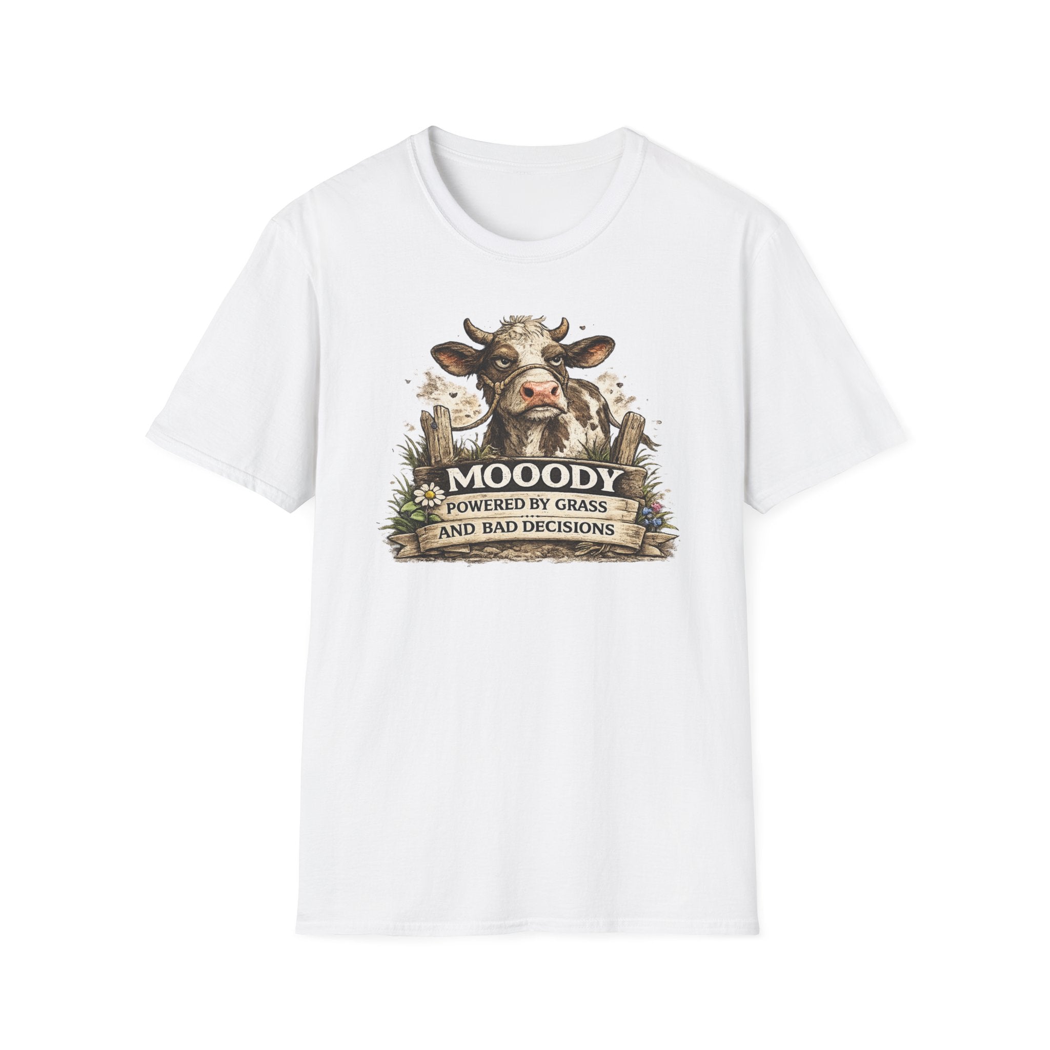 Moody Cow T-Shirt — "Moody: Powered by Grass and Bad Decisions" Graphic Tee