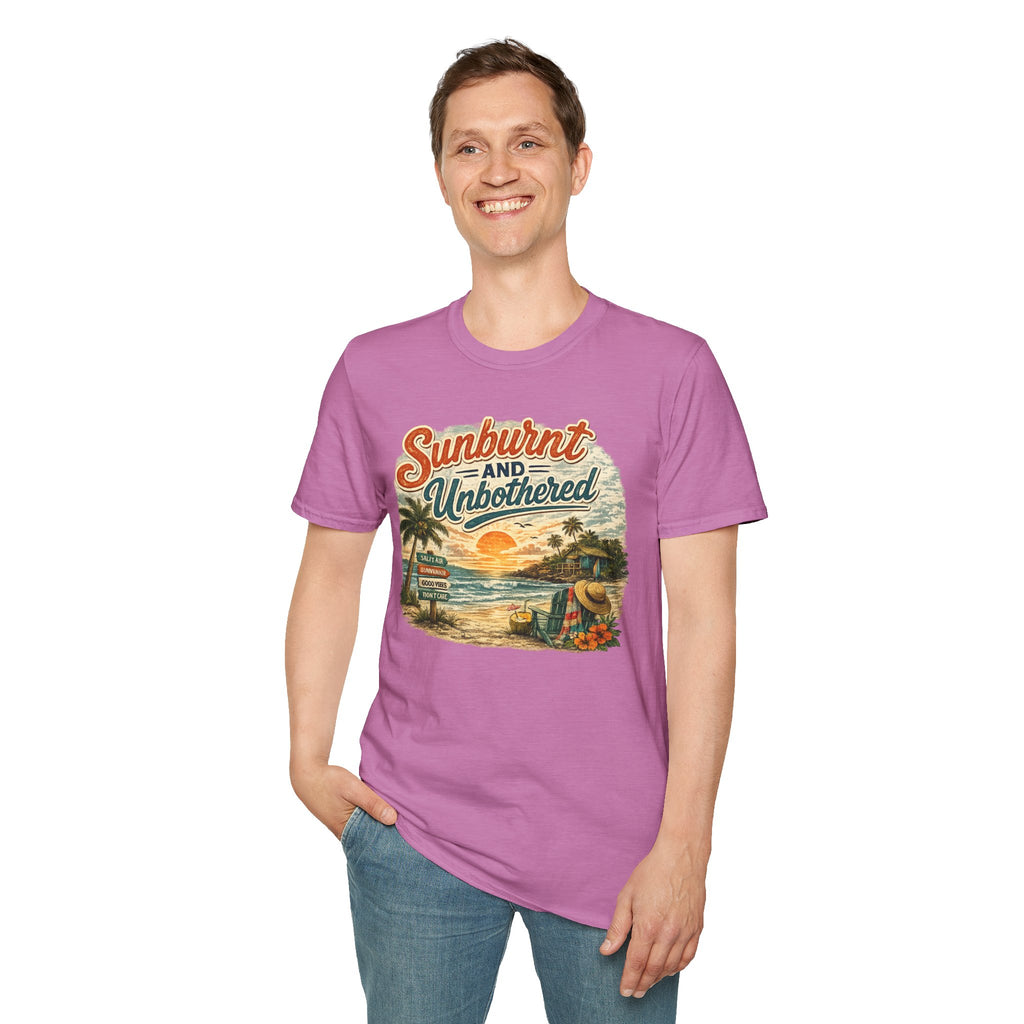 Sunburnt and Unbothered T-Shirt — Retro Beach Vacation Tee