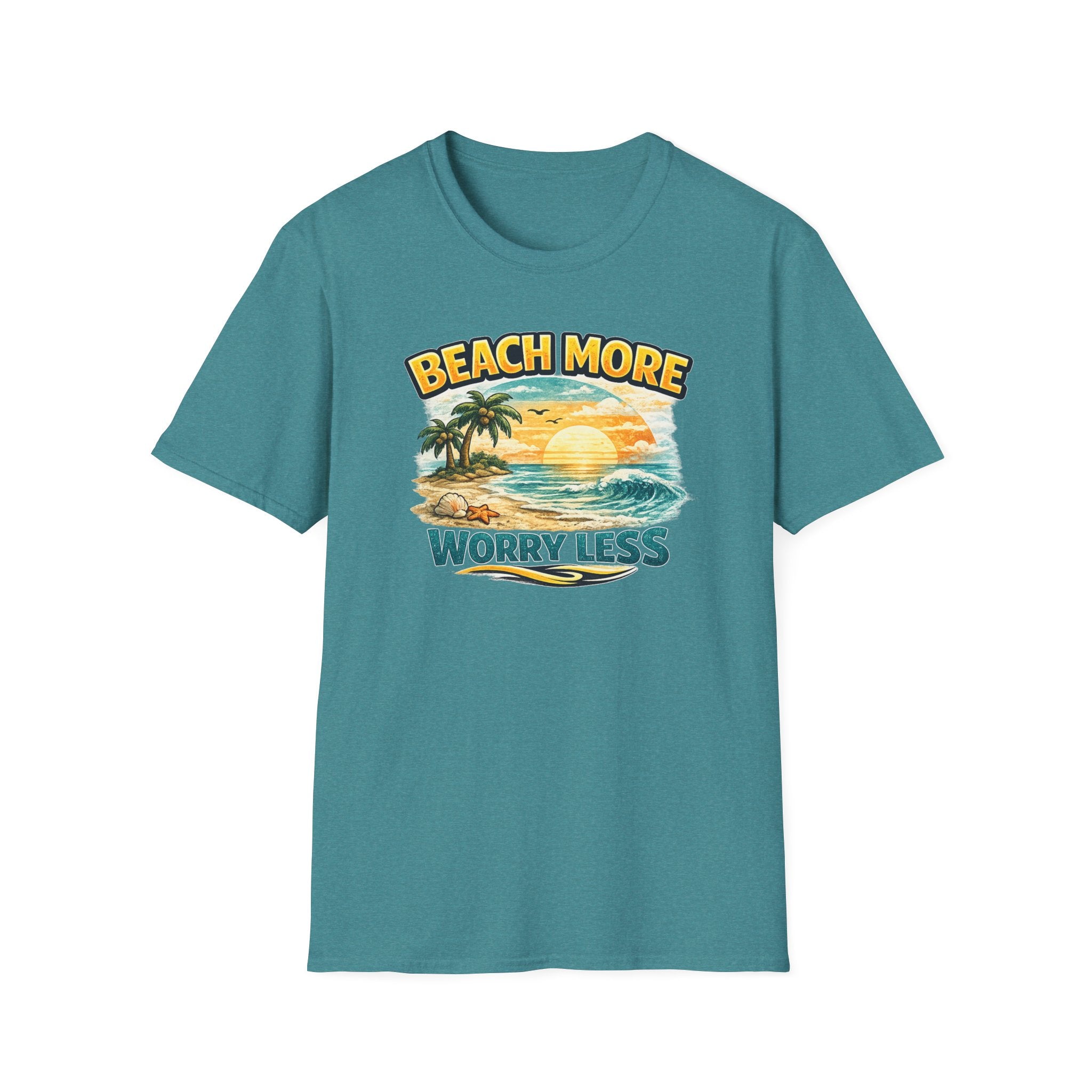Beach More Worry Less T-Shirt — Vintage Sunset Palm Beach Graphic Tee