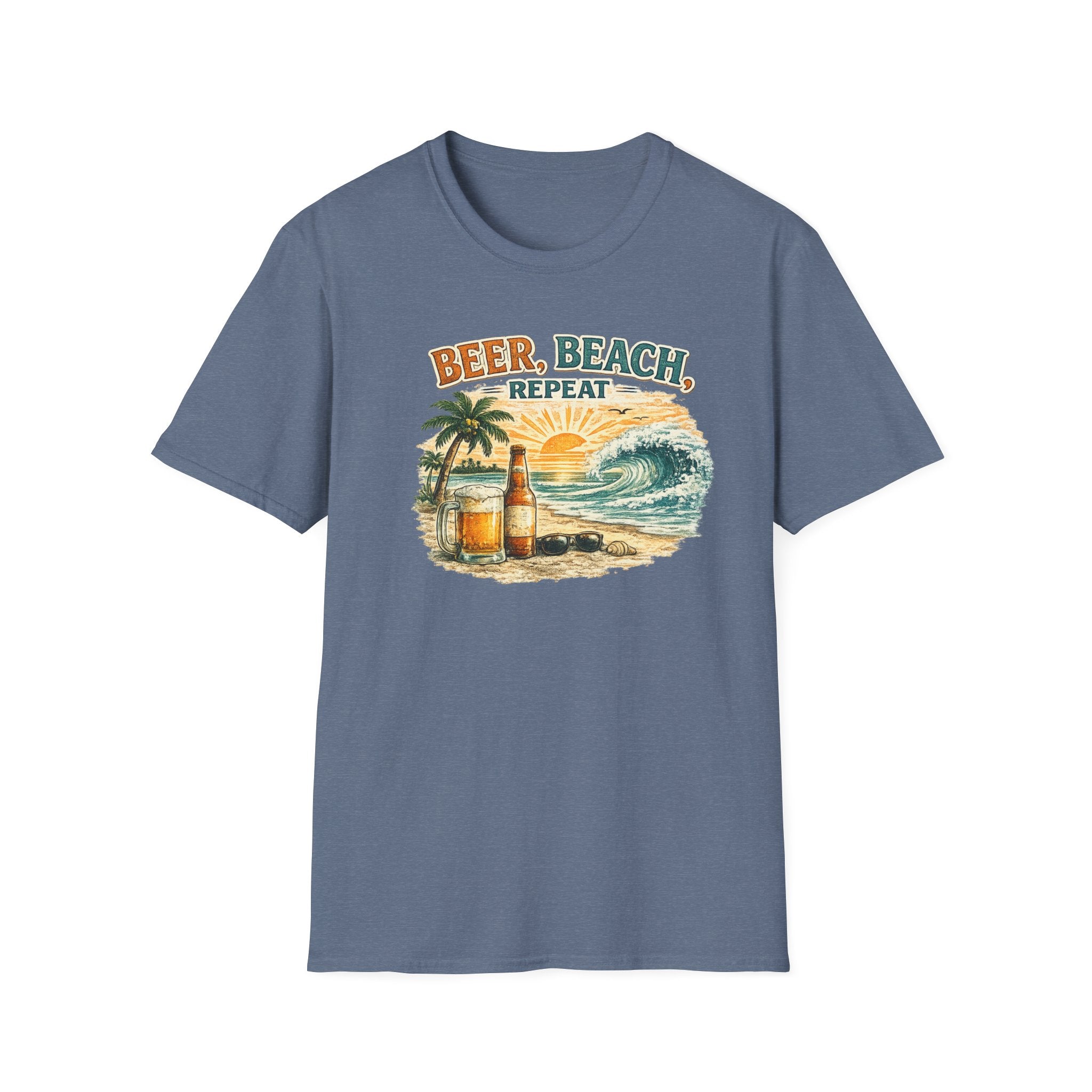Beach T-Shirt — "Beer, Beach, Repeat" Retro Sunset Surf Tee