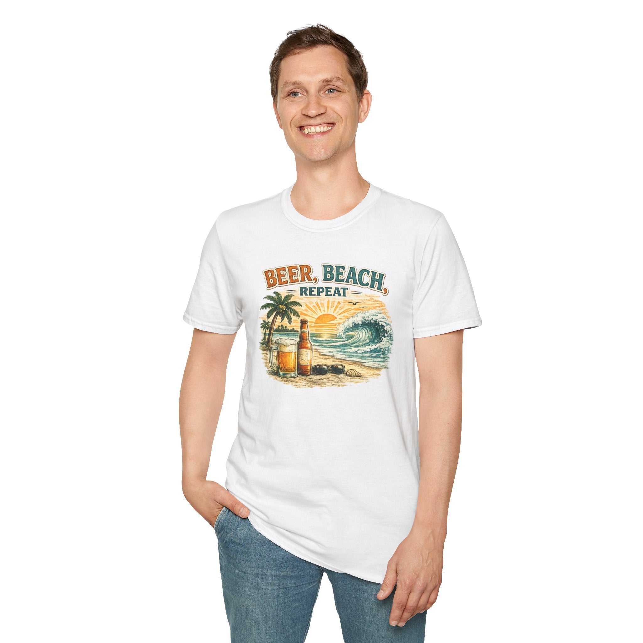 Beach T-Shirt — "Beer, Beach, Repeat" Retro Sunset Surf Tee
