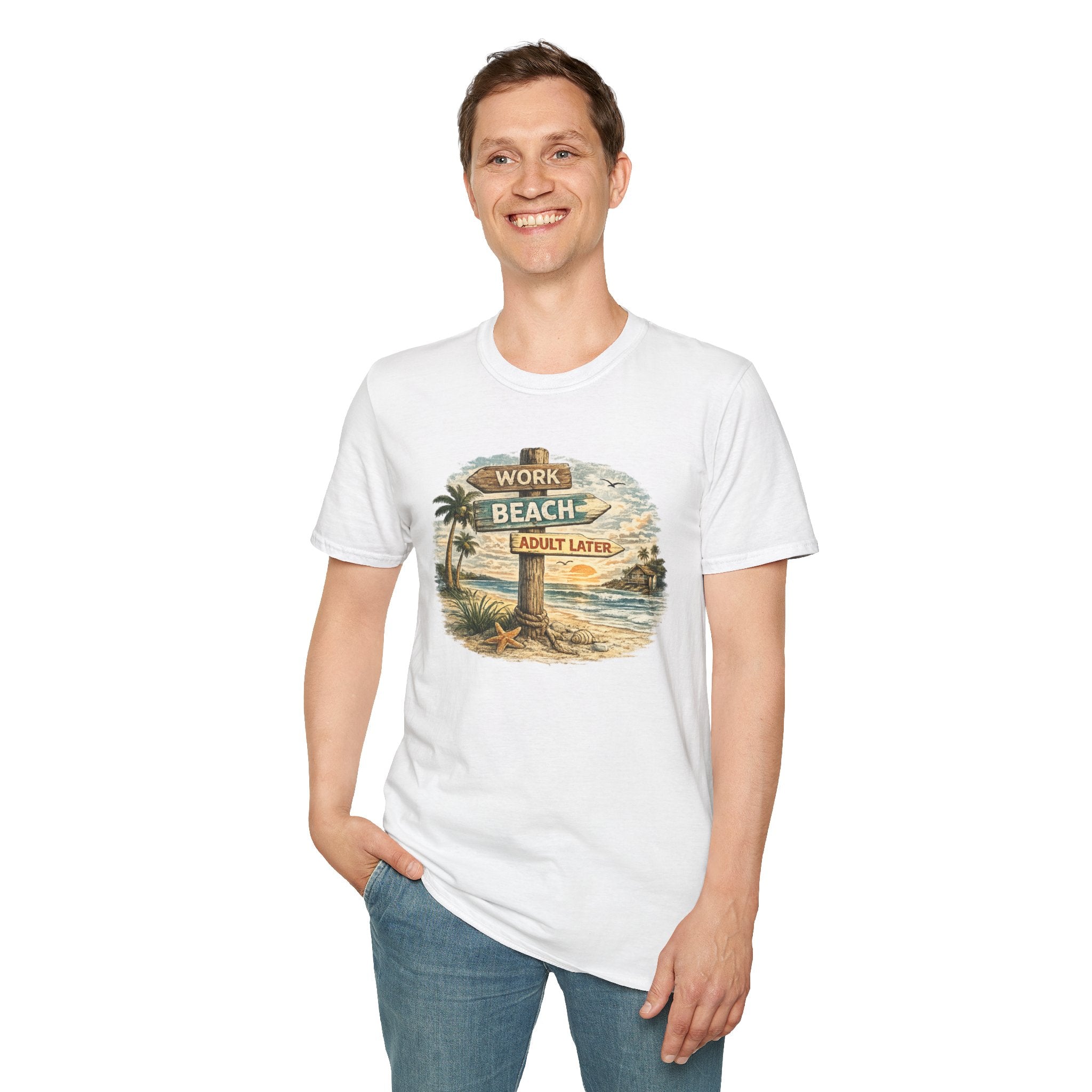 Beach Signpost T-Shirt — "Work Beach, Adult Later" Vintage Sunset Tee