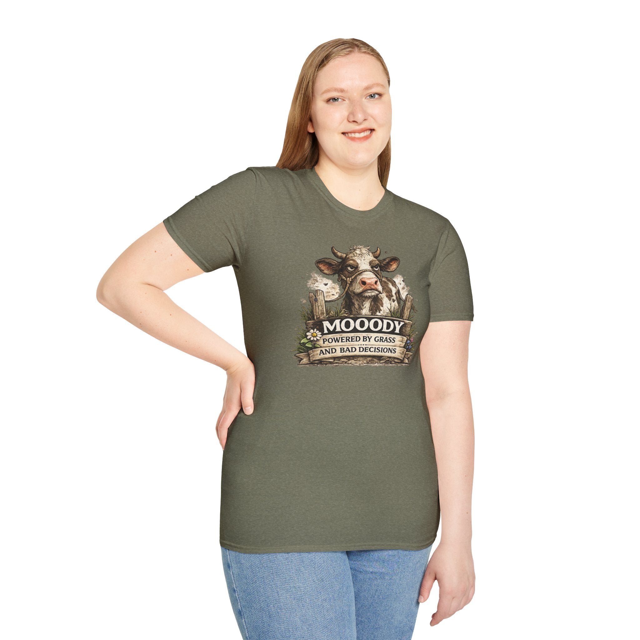 Moody Cow T-Shirt — "Moody: Powered by Grass and Bad Decisions" Graphic Tee