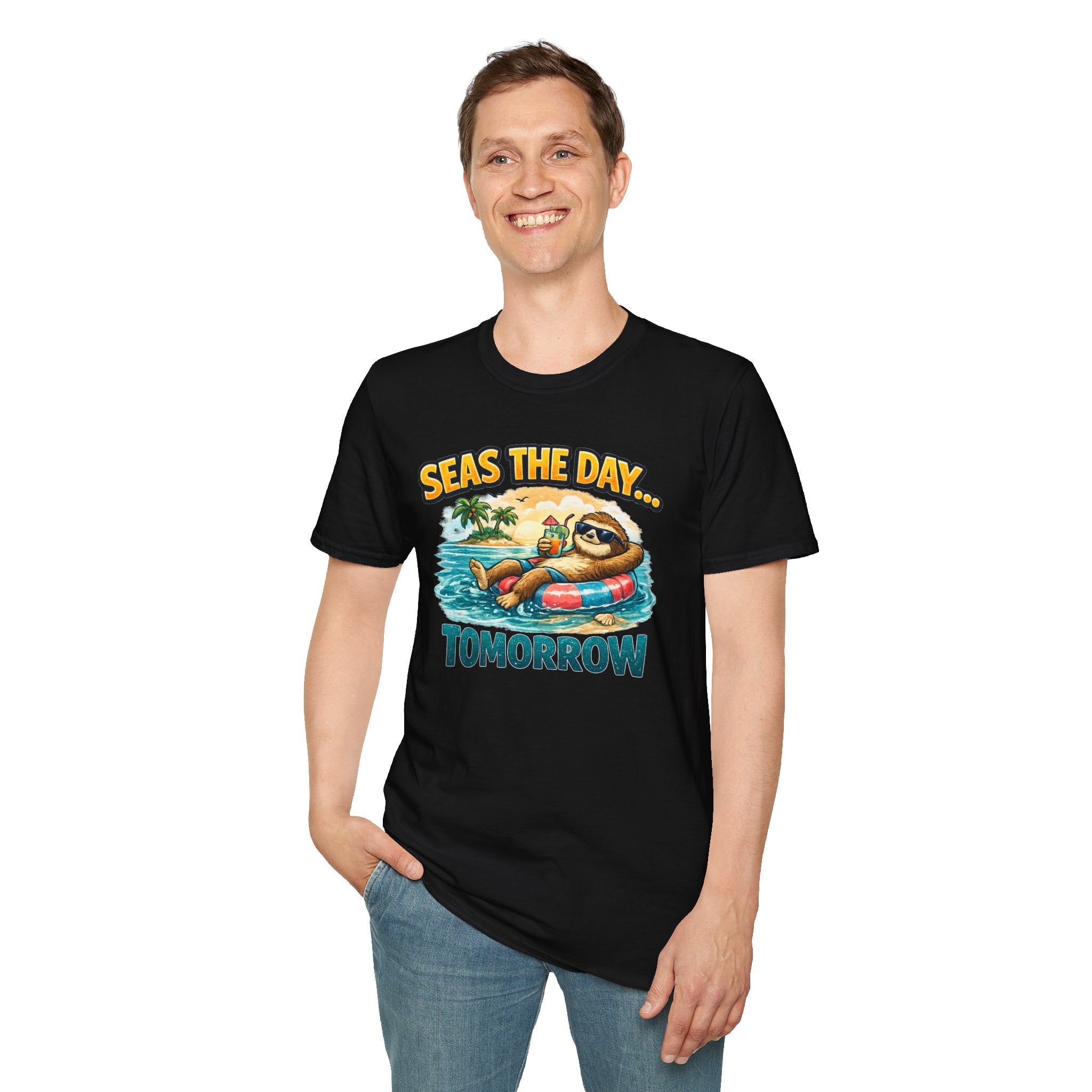 Seas the Day Sloth T-Shirt — Funny Tropical "Seas the Day... Tomorrow" Tee