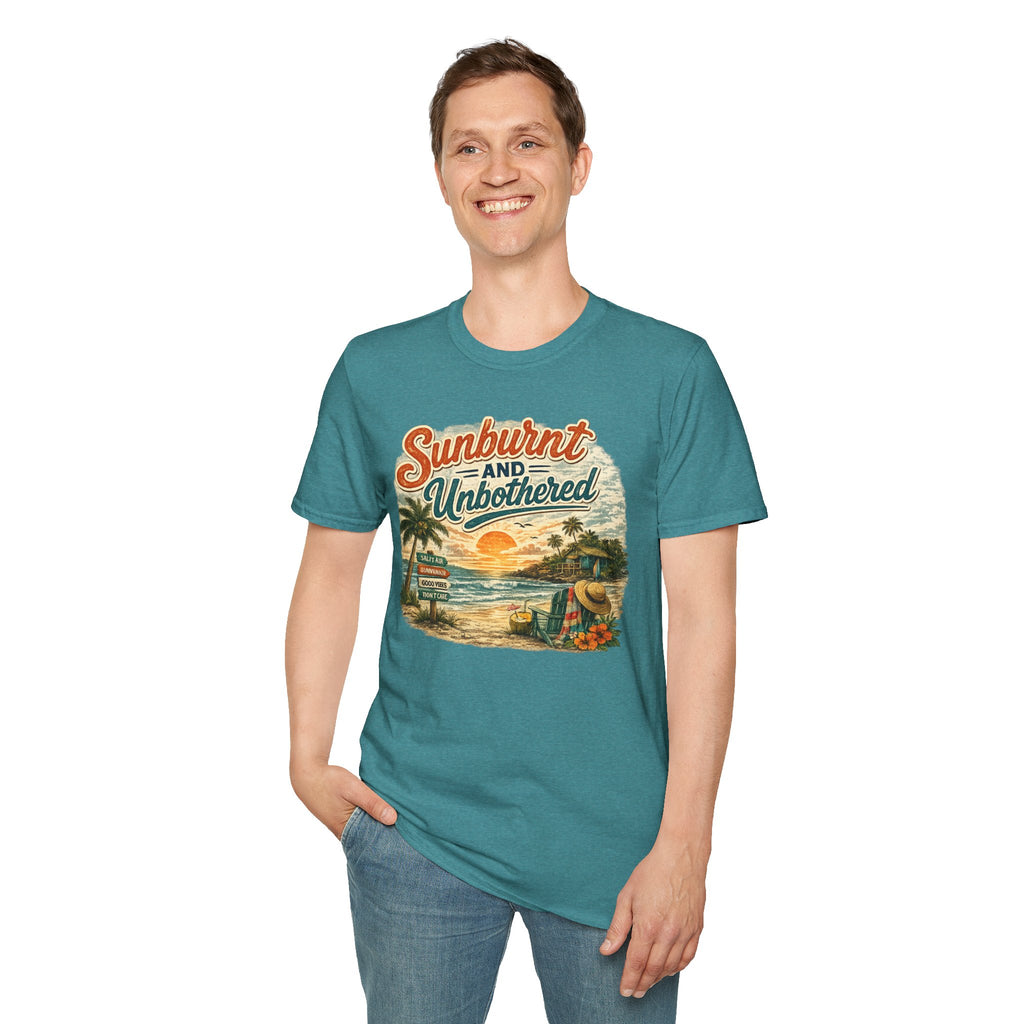 Sunburnt and Unbothered T-Shirt — Retro Beach Vacation Tee
