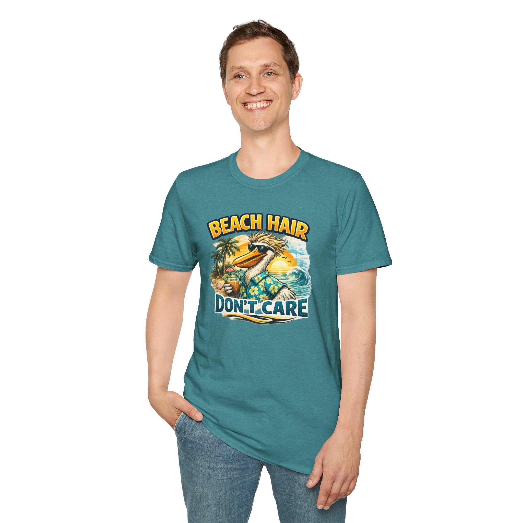 Beach Hair Don't Care T-Shirt — Tropical Pelican Vacation Tee