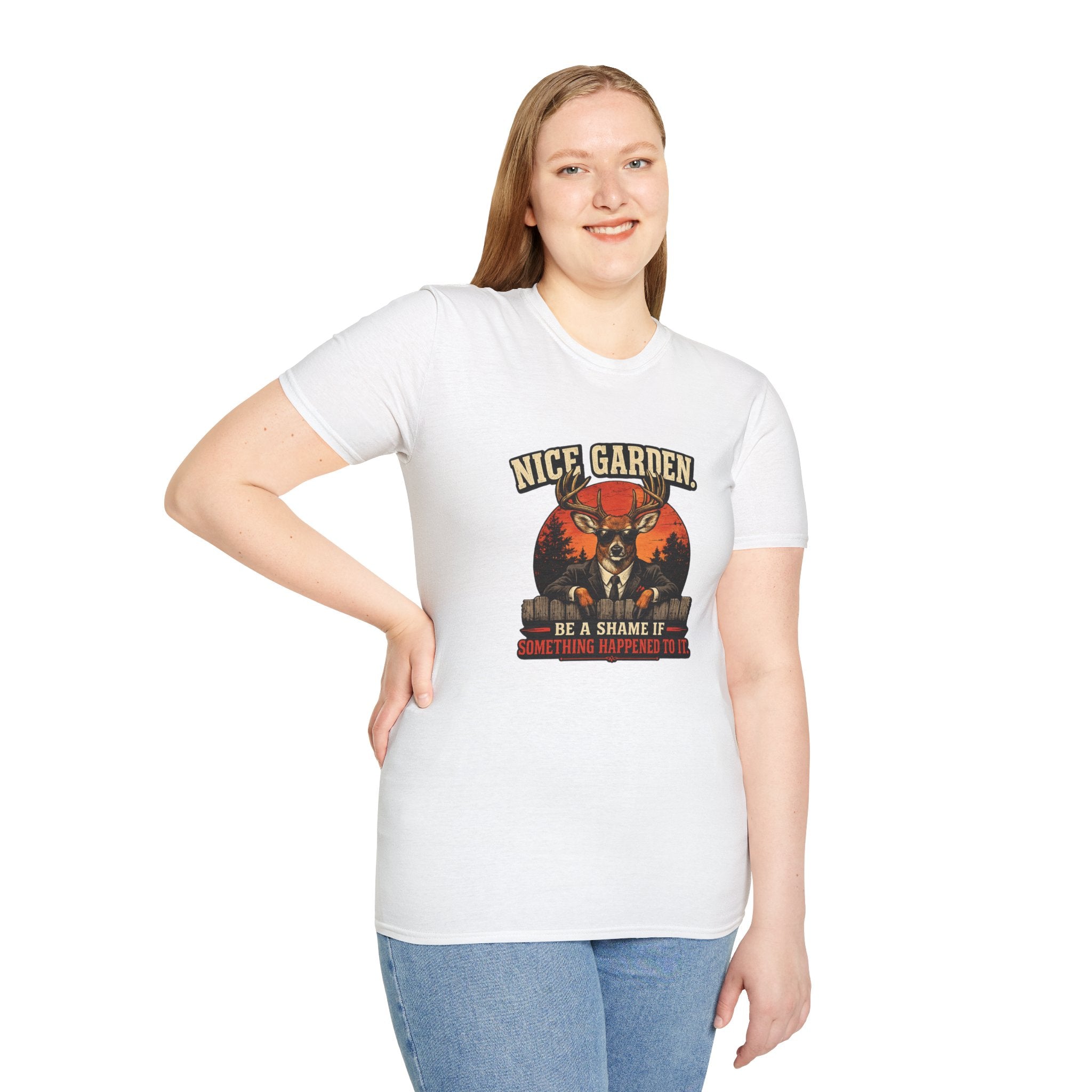 Nice Garden Deer T-Shirt — Vintage Stag Graphic Tee ("Nice Garden" Text)