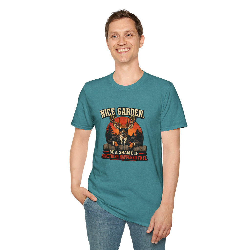 Nice Garden Deer T-Shirt — Vintage Stag Graphic Tee ("Nice Garden" Text)
