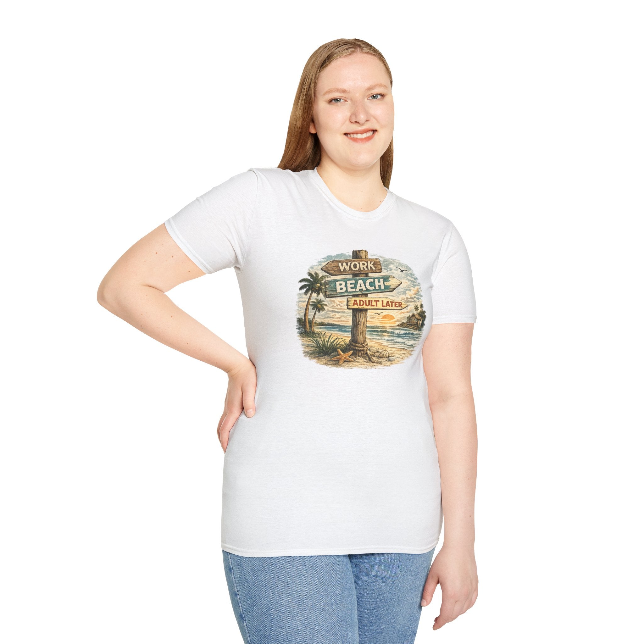 Beach Signpost T-Shirt — "Work Beach, Adult Later" Vintage Sunset Tee