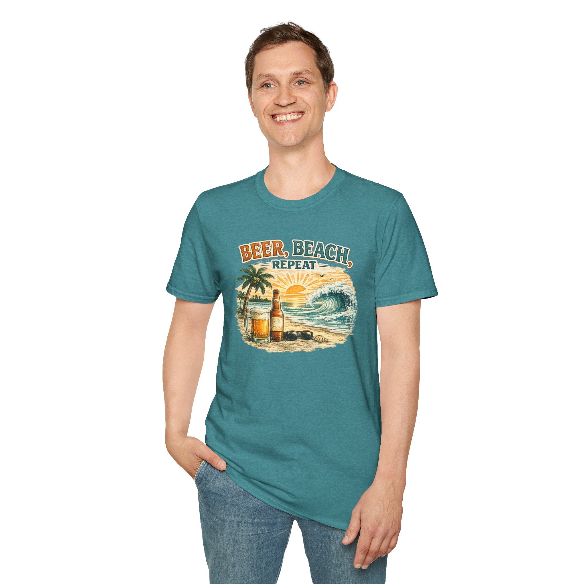 Beach T-Shirt — "Beer, Beach, Repeat" Retro Sunset Surf Tee