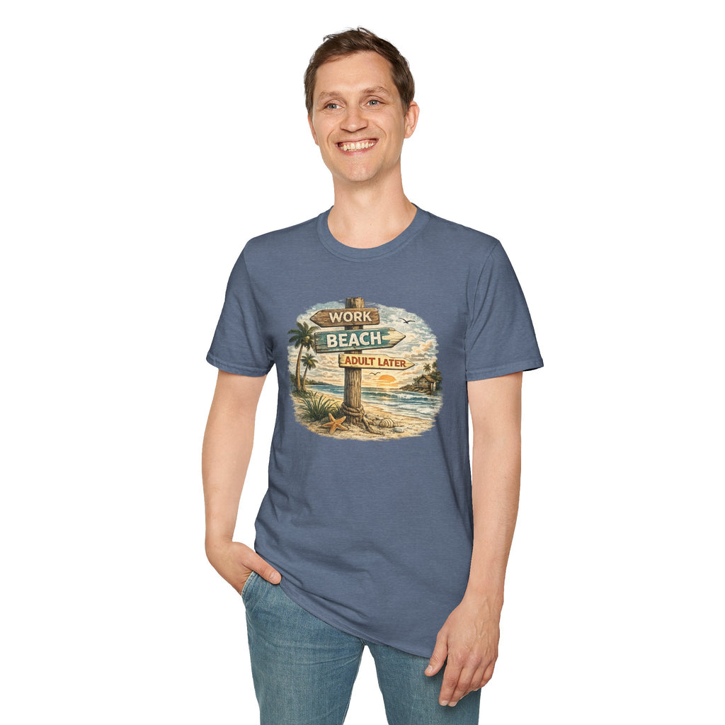 Beach Signpost T-Shirt — "Work Beach, Adult Later" Vintage Sunset Tee